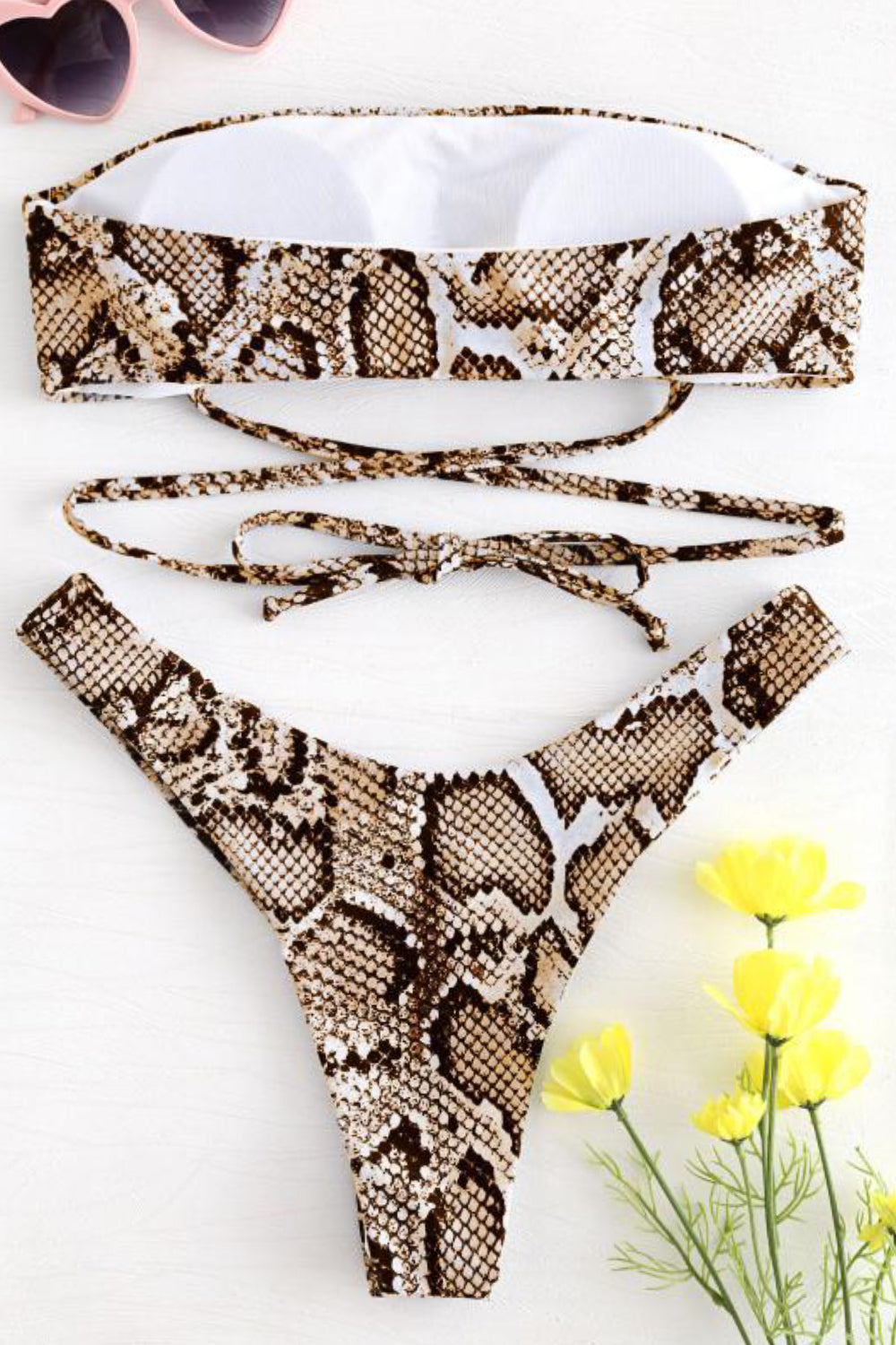 Womens Two Pieces Bikini Set Padded Snake Print Strapless Bandeau Swimsuit