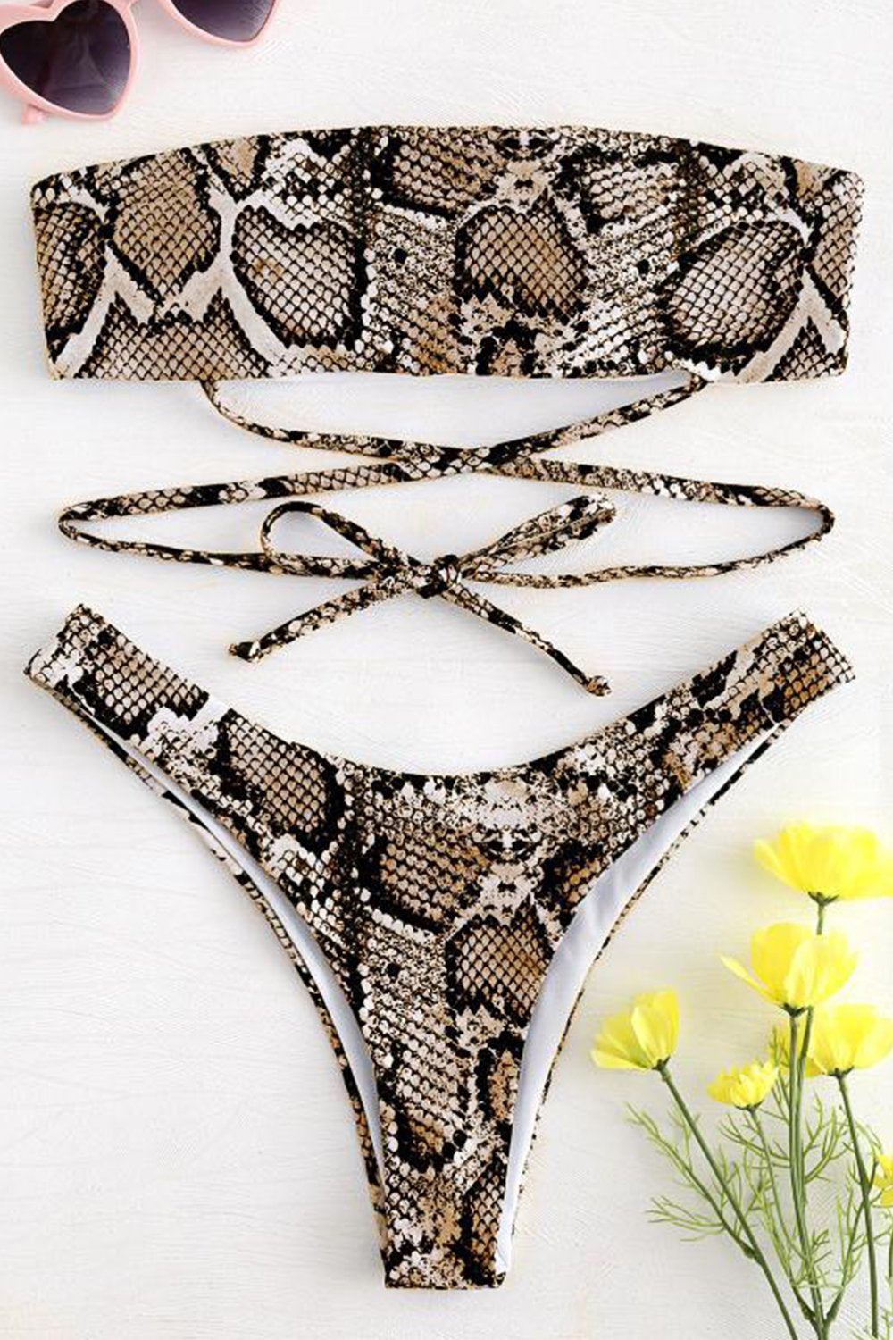 Womens Two Pieces Bikini Set Padded Snake Print Strapless Bandeau Swimsuit