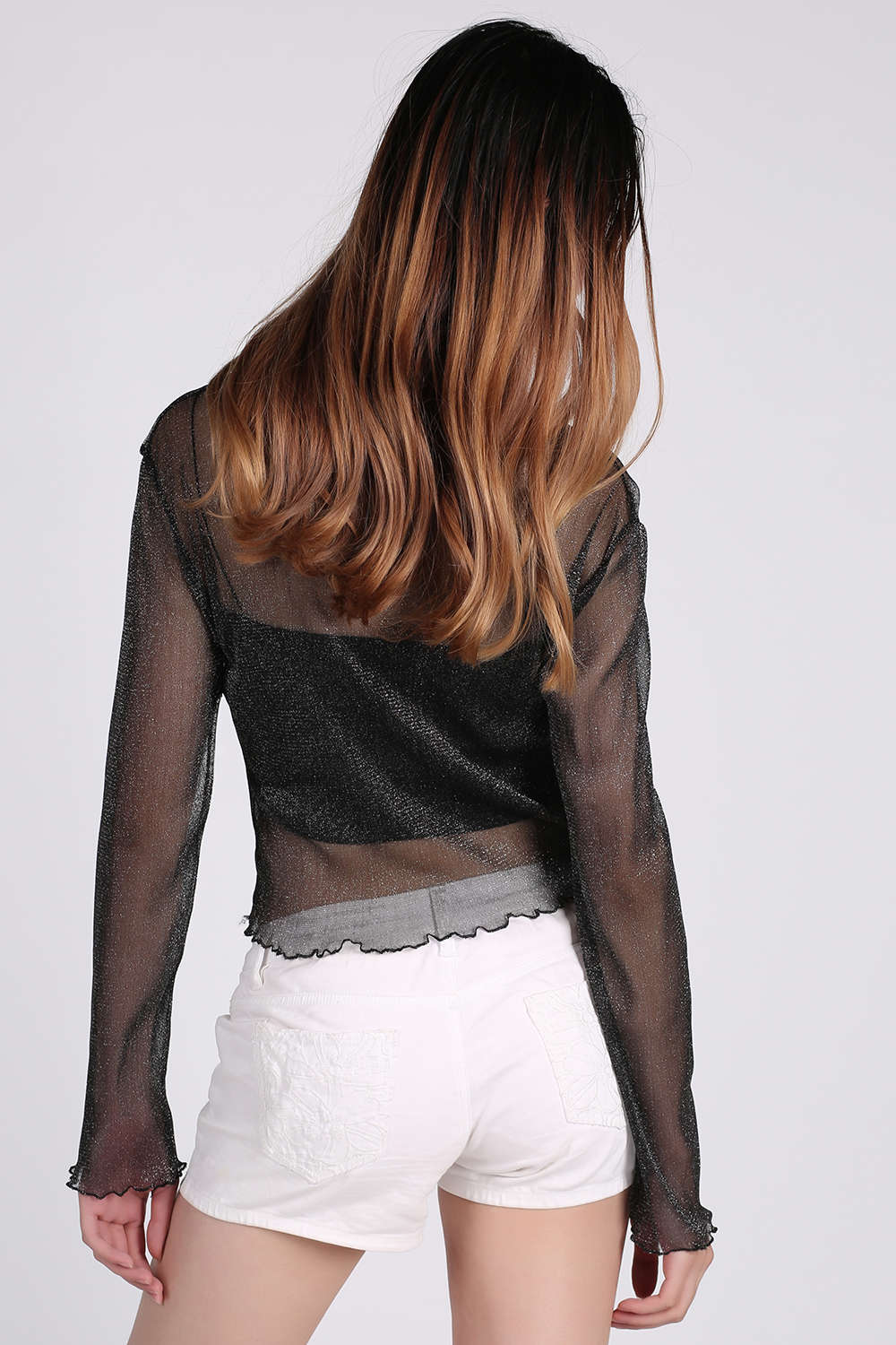 Iyasson Women's Shiny See Through Long Sleeved Blouse