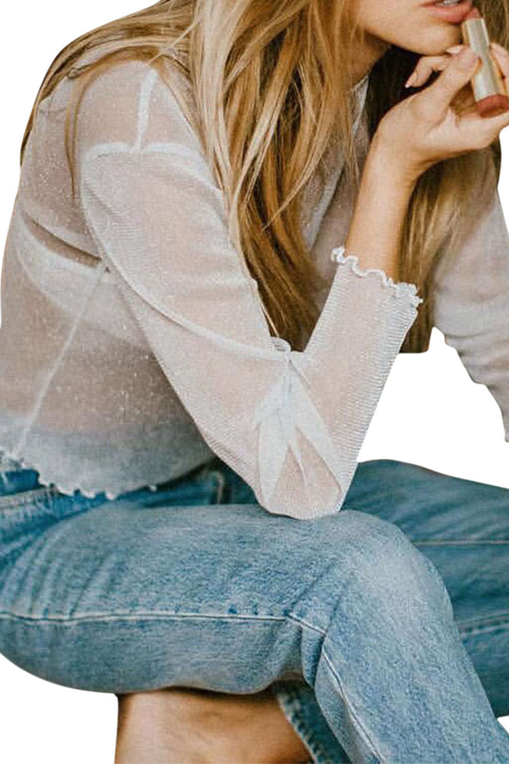 Iyasson Women's Shiny See Through Long Sleeved Blouse