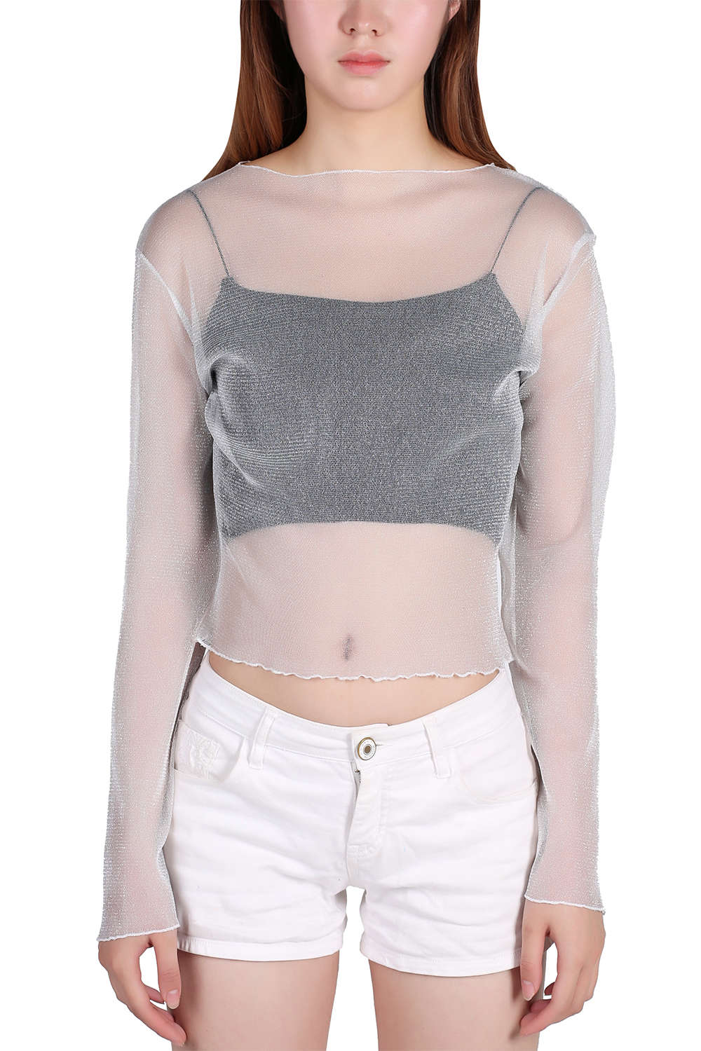 Iyasson Women's Shiny See Through Long Sleeved Blouse