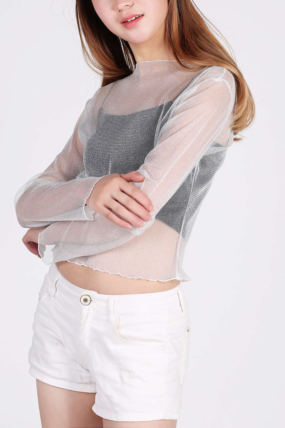 Iyasson Women's Shiny See Through Long Sleeved Blouse