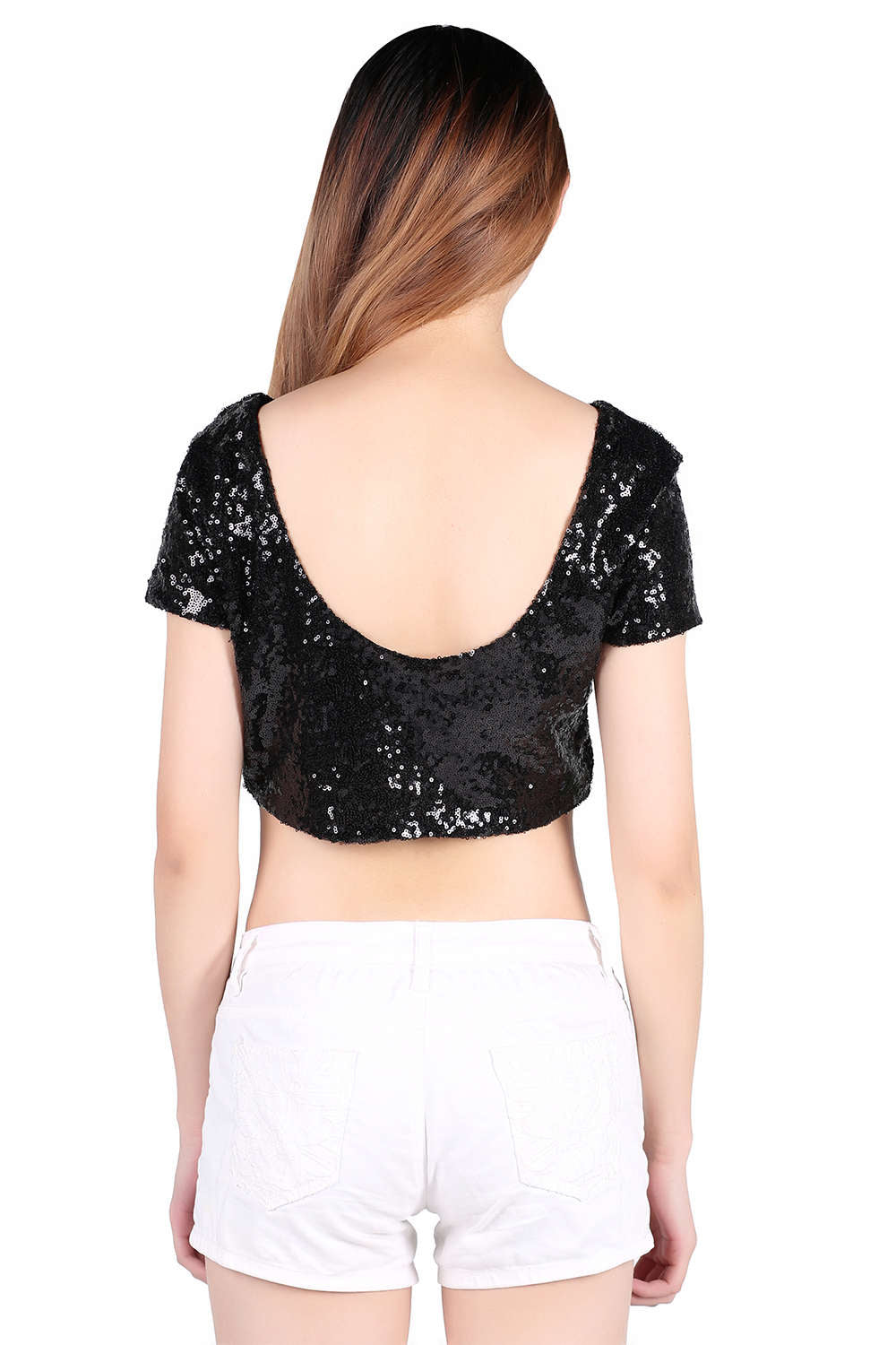 Iyasson Women's Glitter Sequins Short Sleeve Crop Top