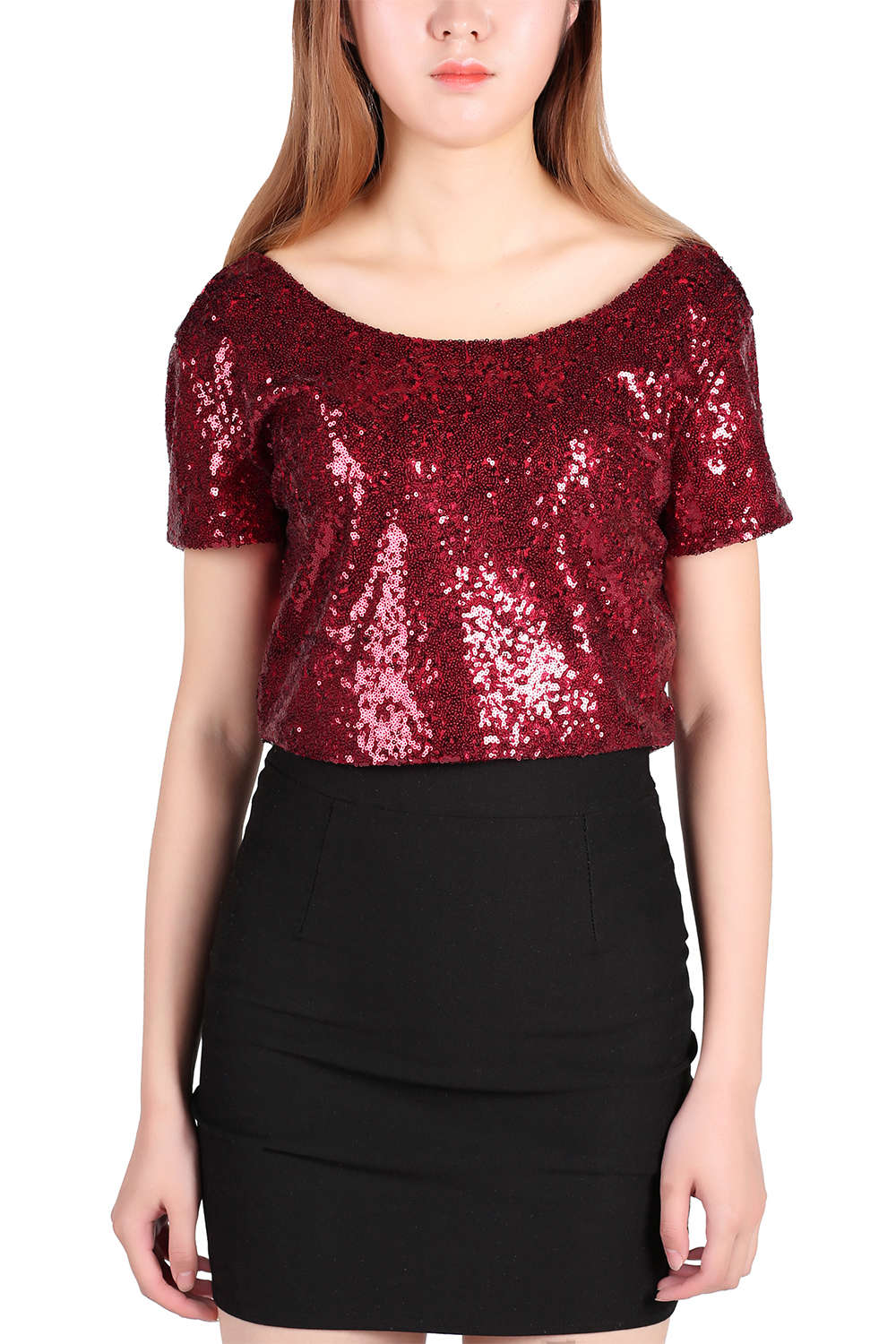 Iyasson Women's Glitter Sequins Short Sleeve Crop Top