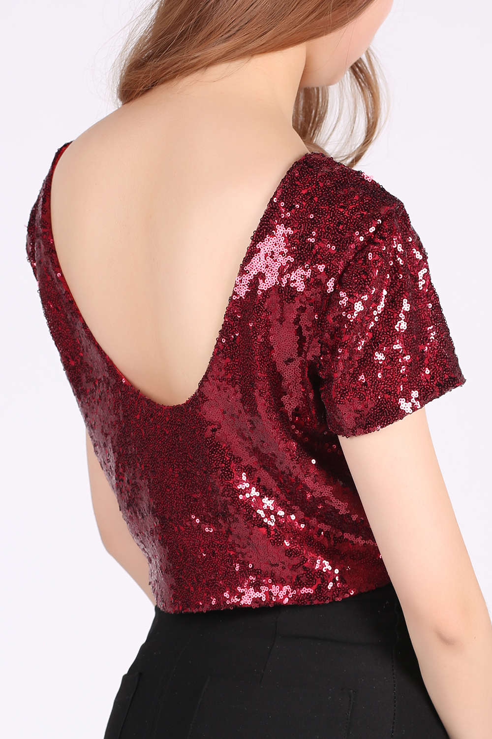 Iyasson Women's Glitter Sequins Short Sleeve Crop Top