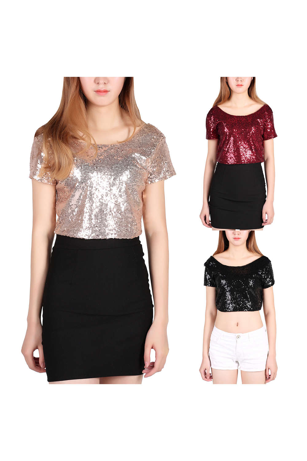 Iyasson Women's Glitter Sequins Short Sleeve Crop Top