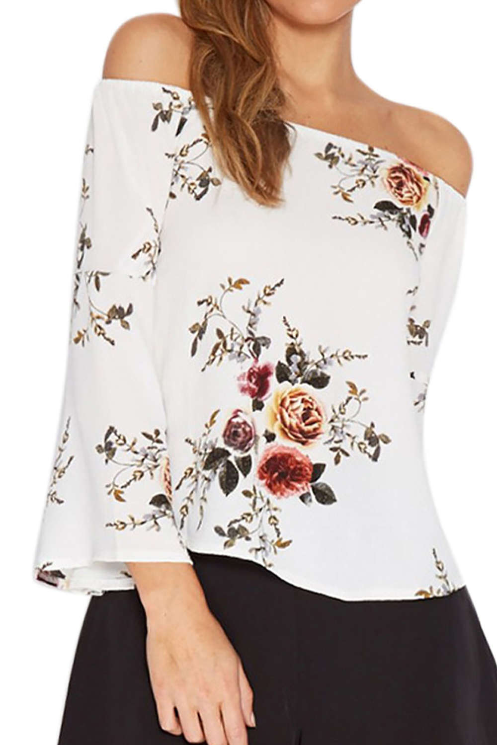 Iyasson Women's Casual Floral Off the Shoulder Bell Sleeve Chiffon Blouse
