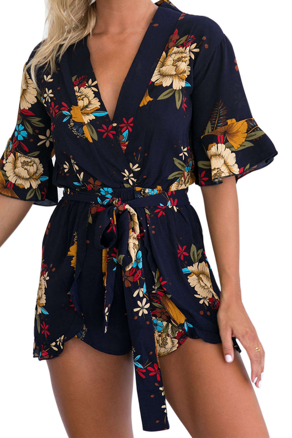 Iyasson Floral Printed V-neck Half Flare Sleeve Romper