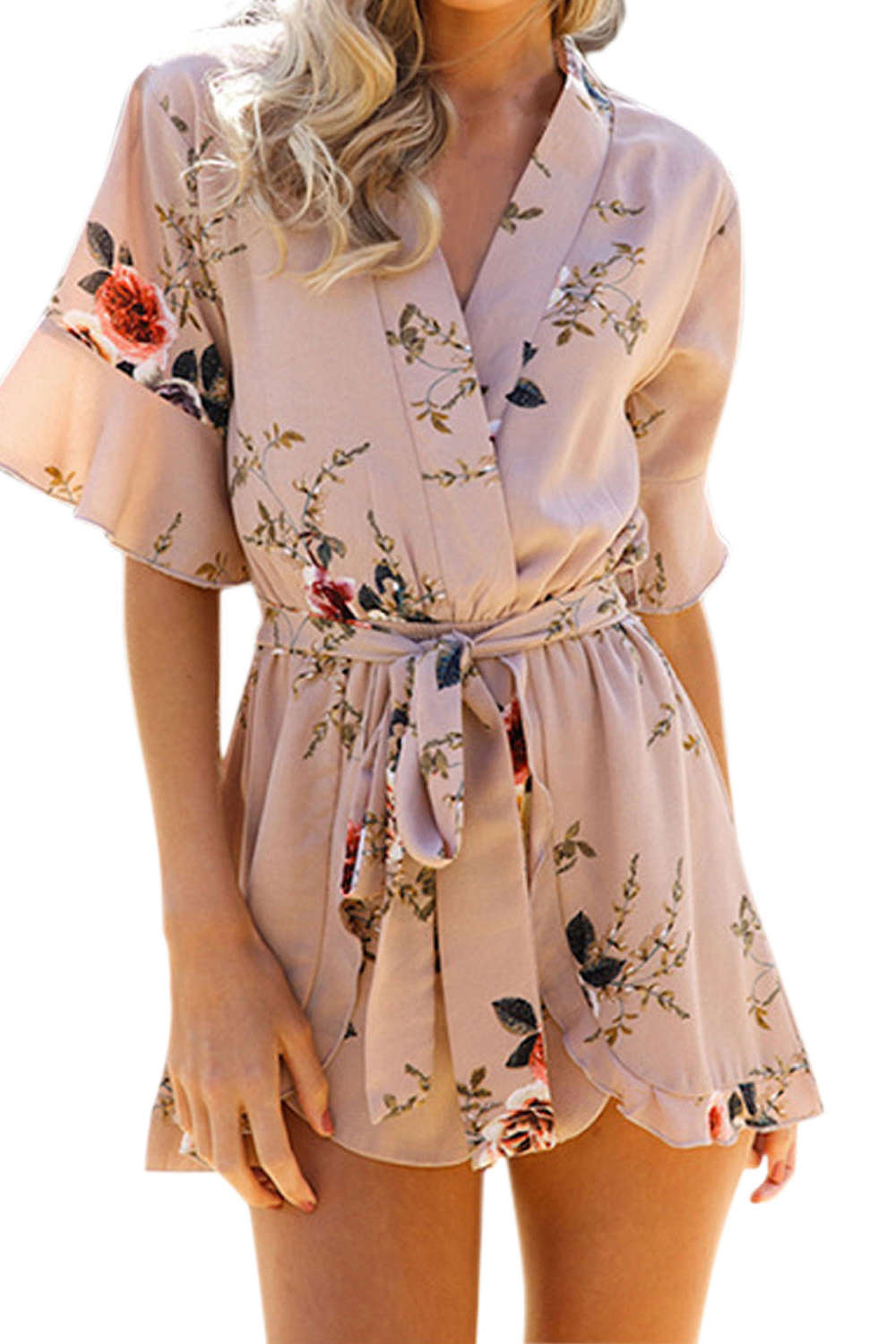 Iyasson Floral Printed V-neck Half Flare Sleeve Romper