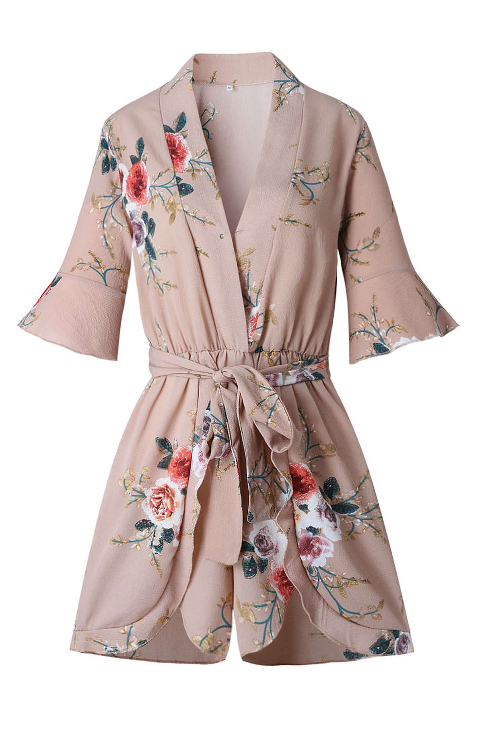 Iyasson Floral Printed V-neck Half Flare Sleeve Romper