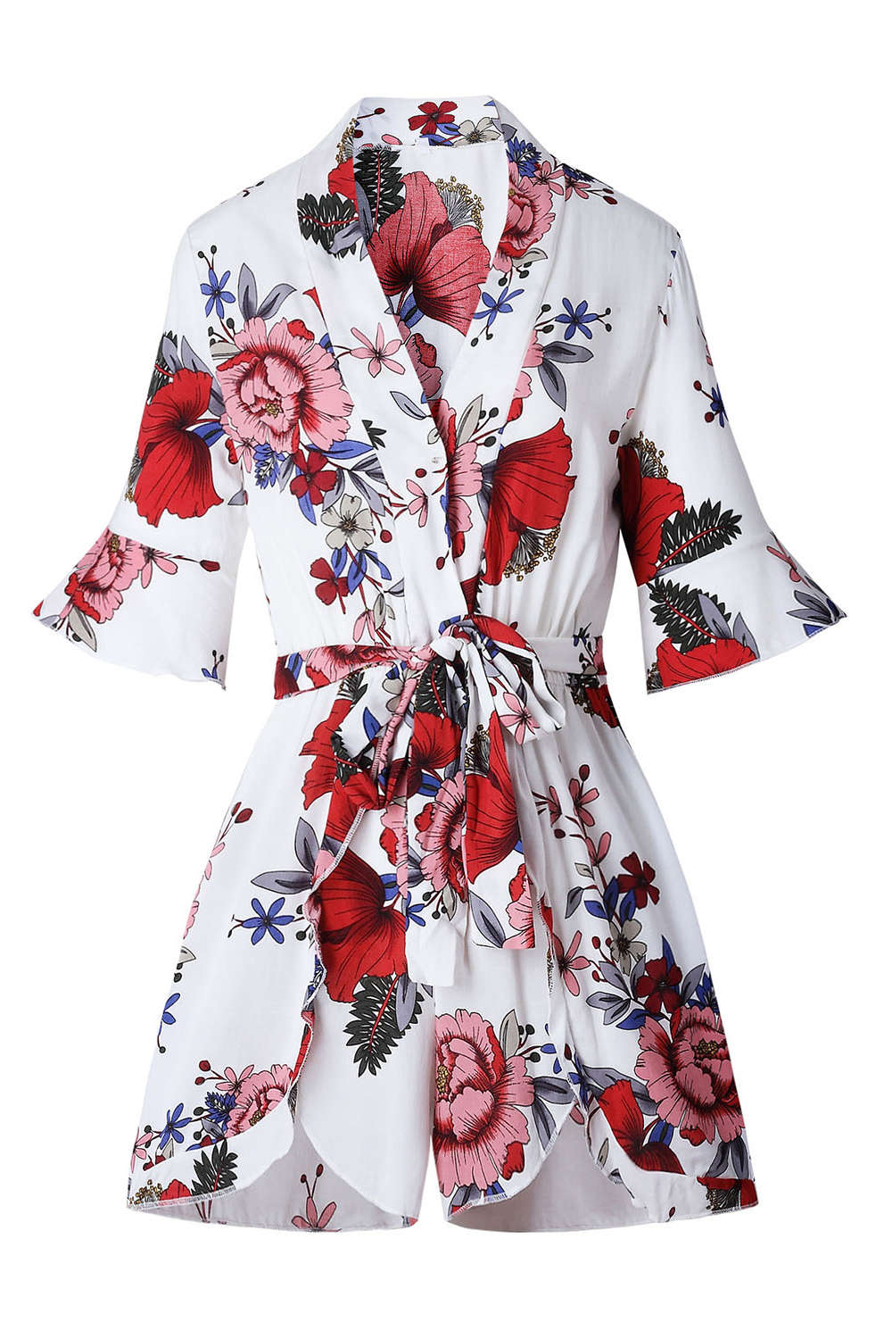 Iyasson Floral Printed V-neck Half Flare Sleeve Romper