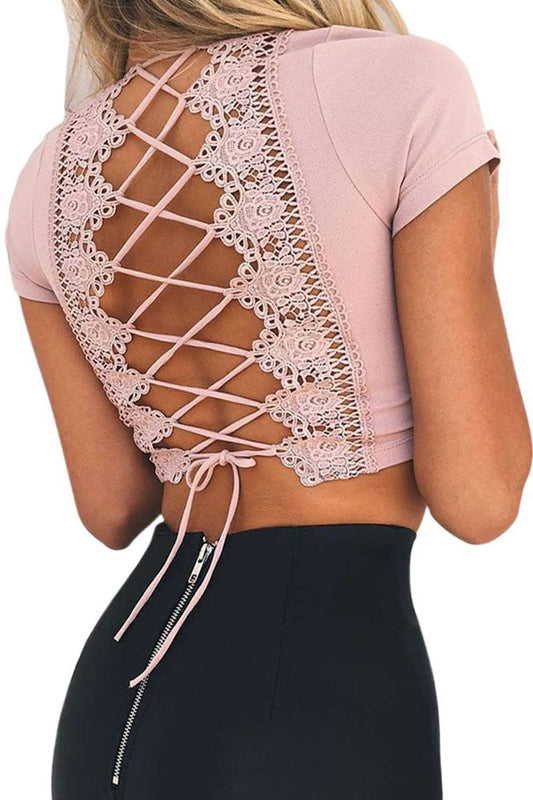 Iyasson Deep V-neck Lace Bandage Crop Top