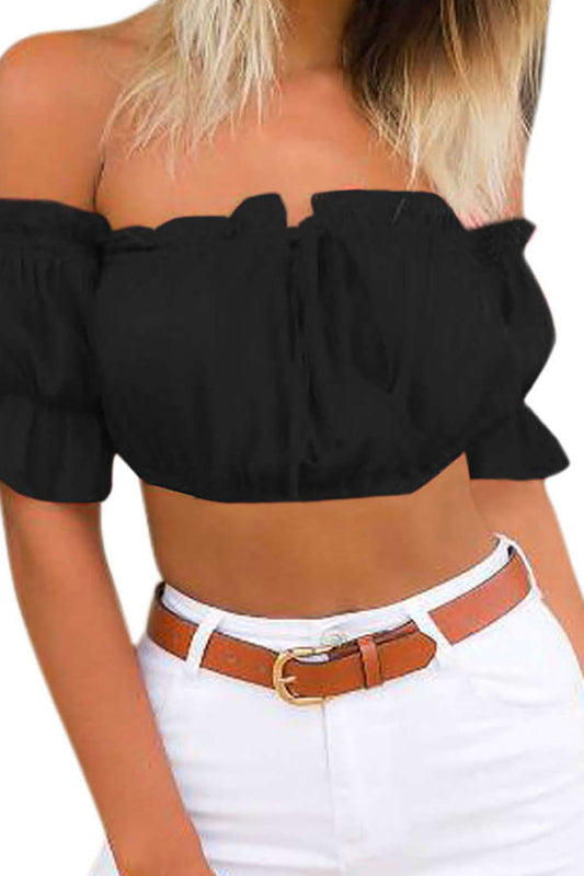 Iyasson Sexy Puff Sleeve Ruffles Crop Tops