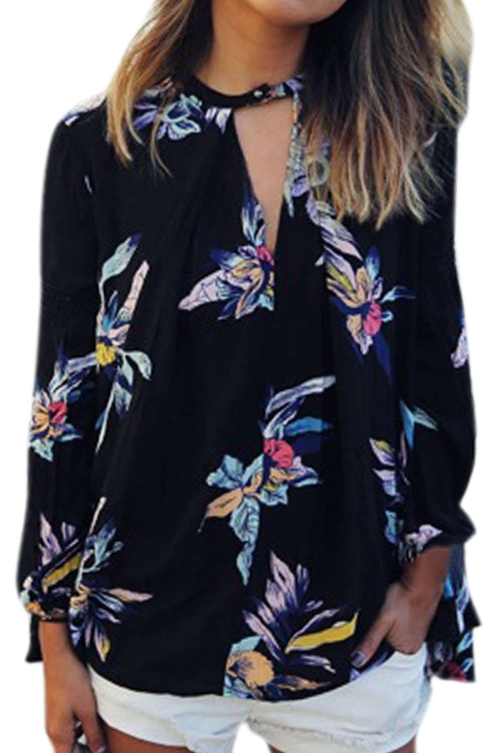 Iyasson Women Casual Floral Print Long Sleeve Shirt 