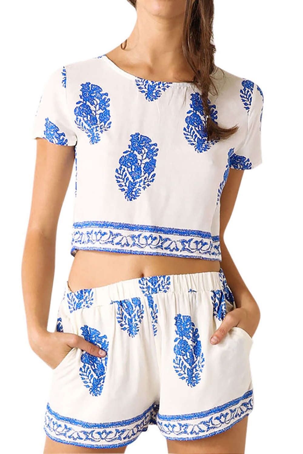 Iyasson Women 2 Pcs Leaf Pattern Bohemian Crop Tops+Shorts Set