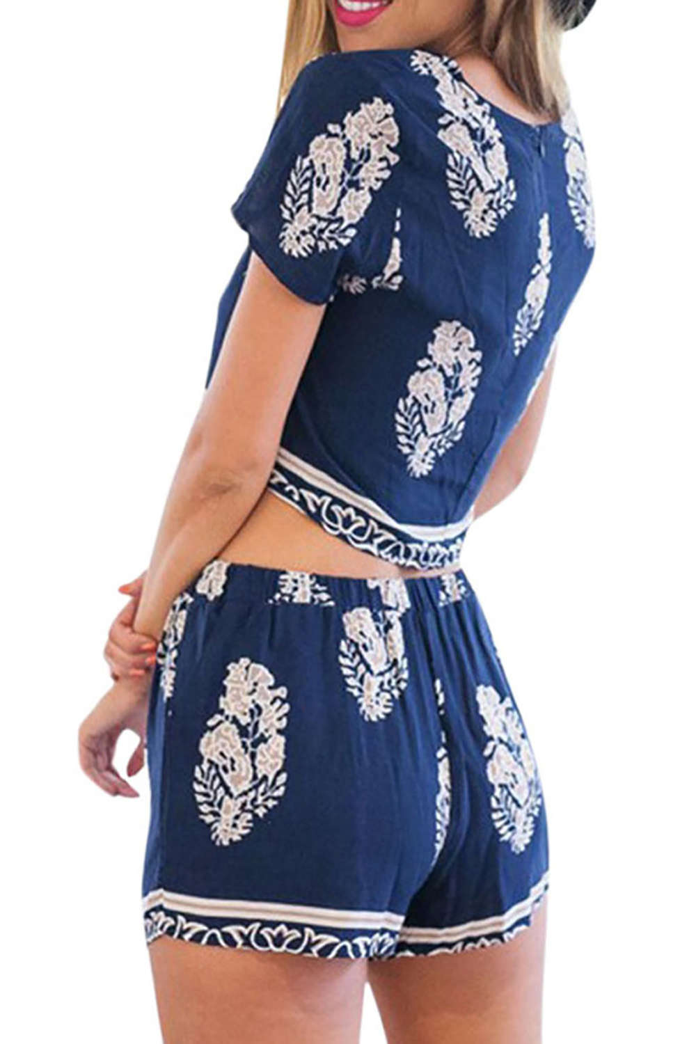 Iyasson Women 2 Pcs Leaf Pattern Bohemian Crop Tops+Shorts Set