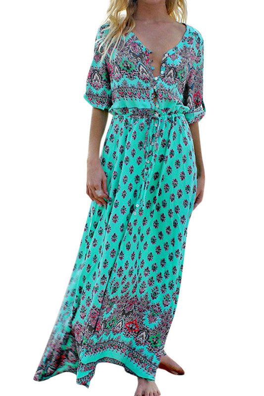 Iyasson Women Long Sleeve Boho Floral Print Maxi Dress