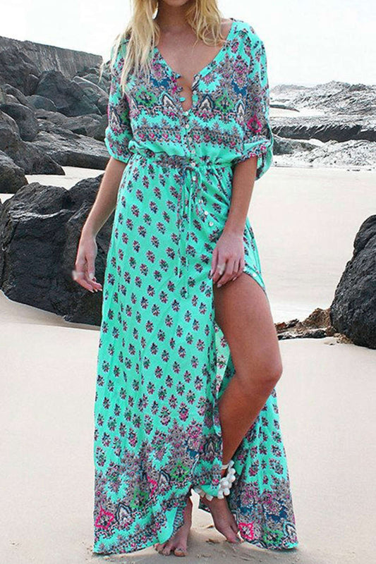 Iyasson Women Long Sleeve Boho Floral Print Maxi Dress