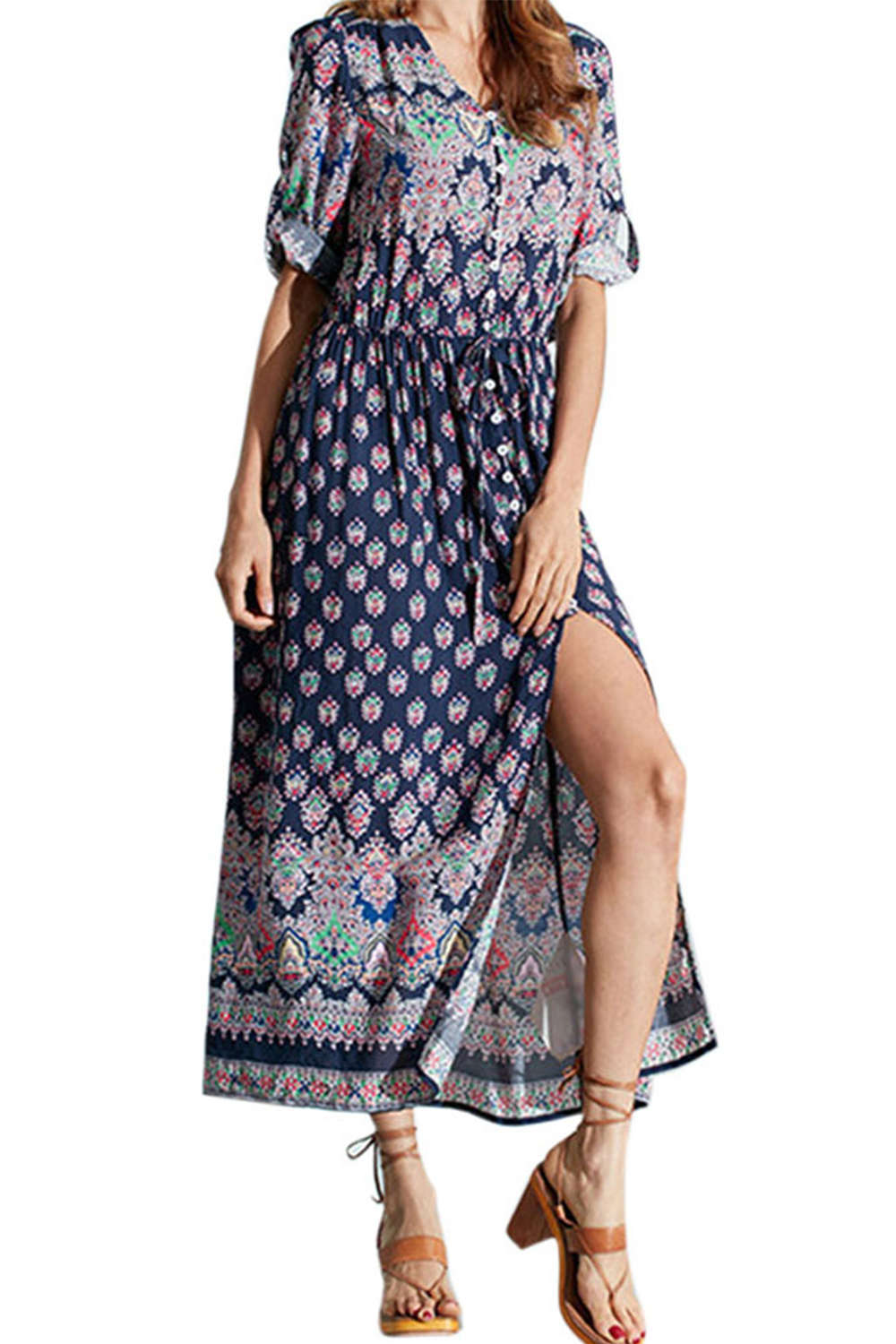 Iyasson Women Long Sleeve Boho Floral Print Maxi Dress