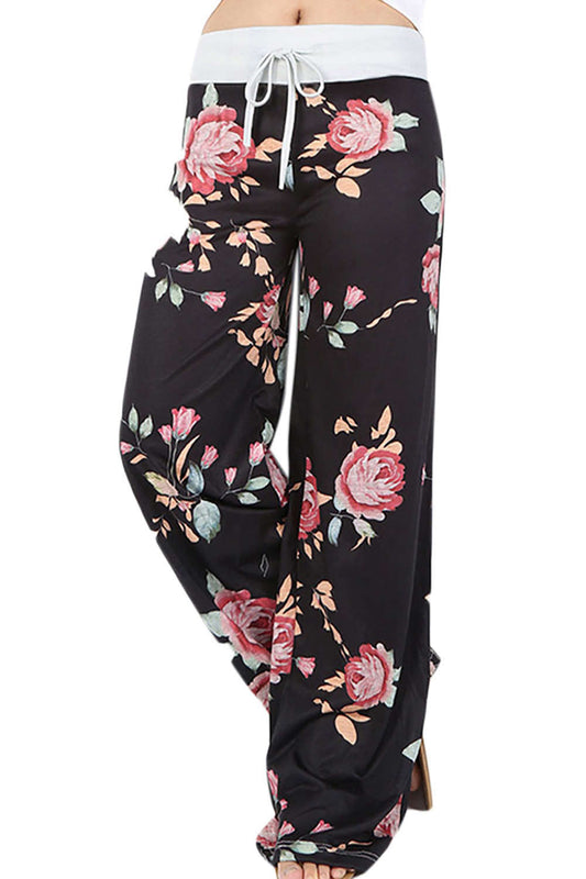 Iyasson High Waist Floral Print Drawstring Wide Leg Pants