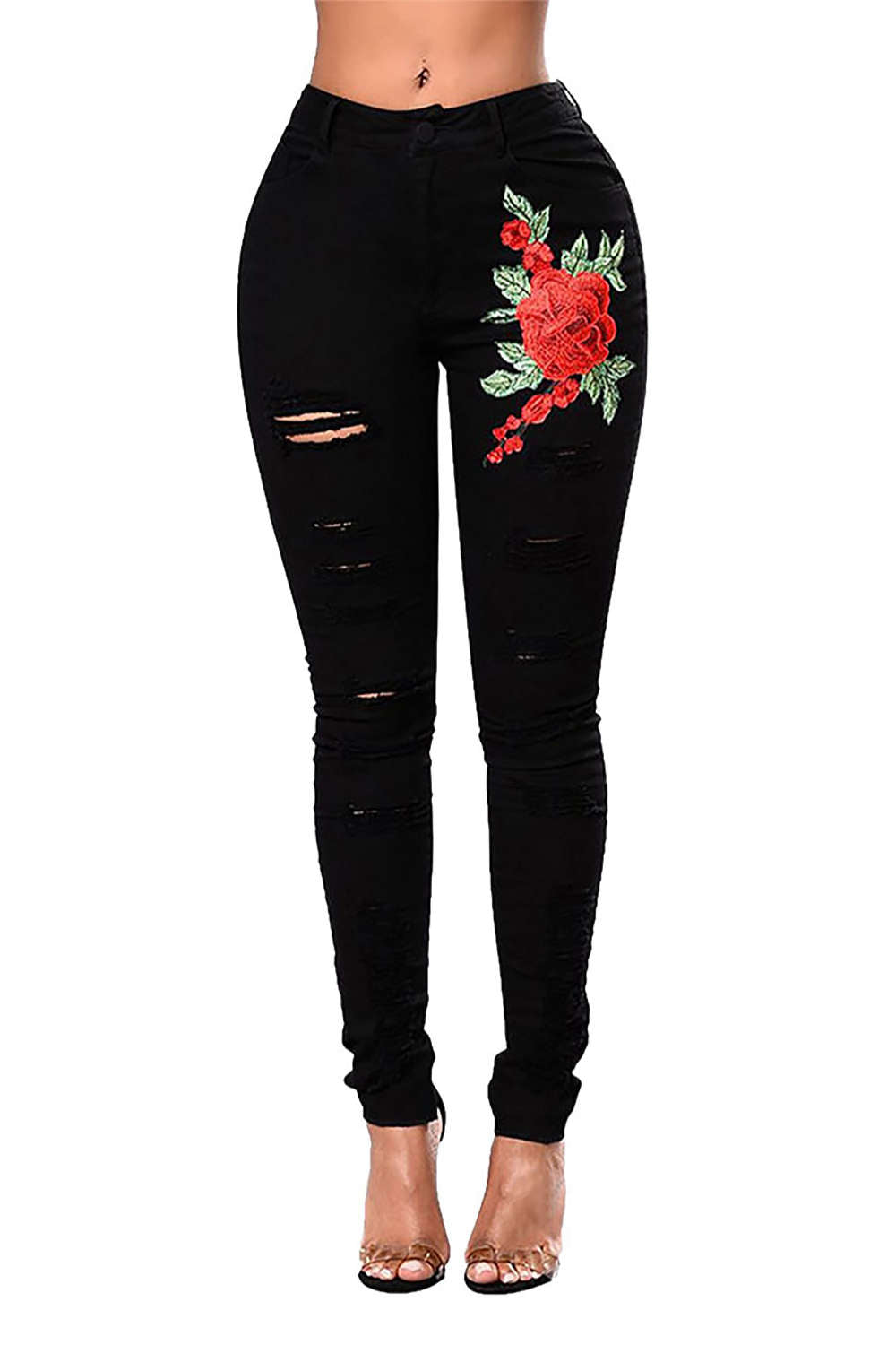 Iyasson Rose Embroidered High Waist Skinny Jeans