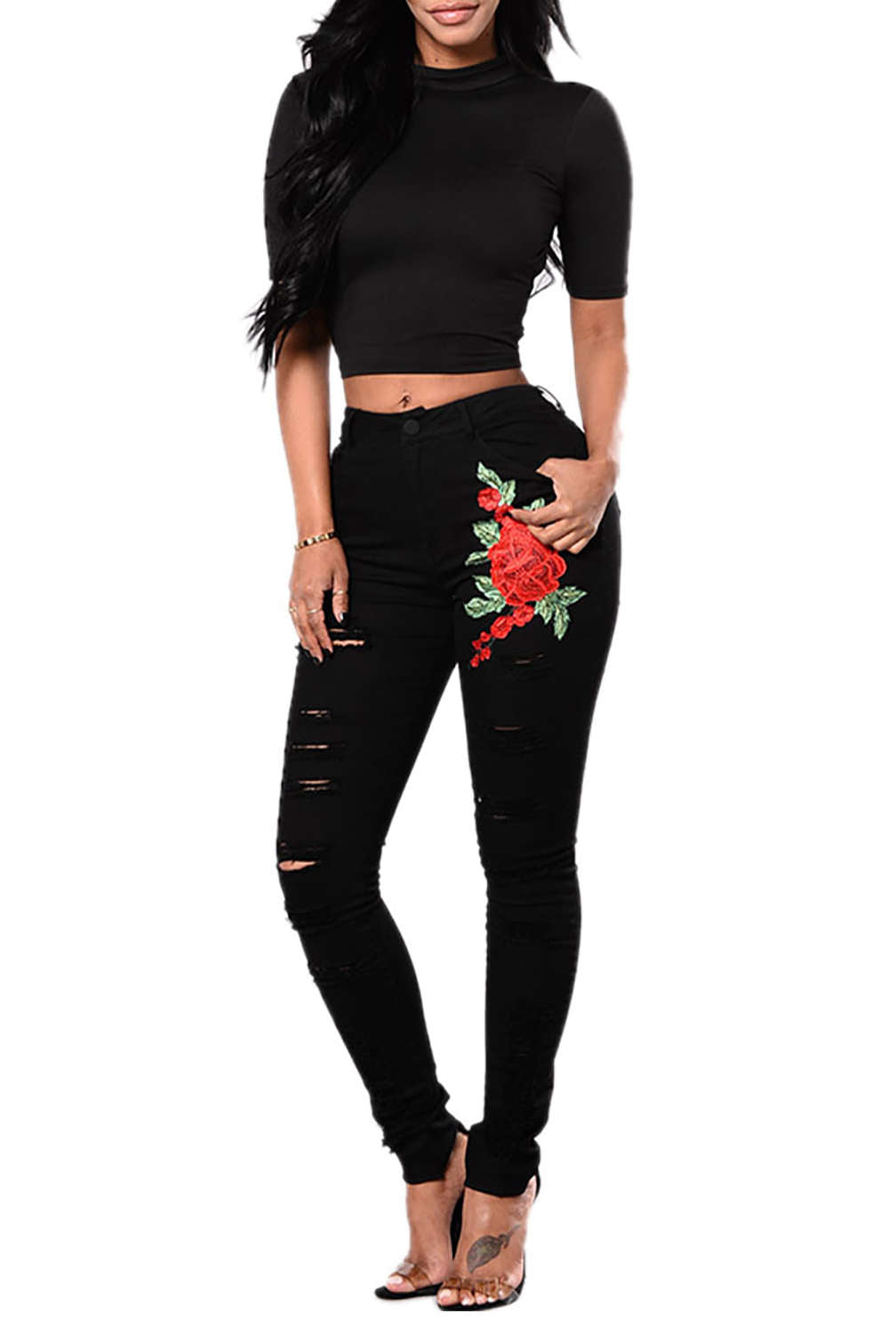 Iyasson Rose Embroidered High Waist Skinny Jeans