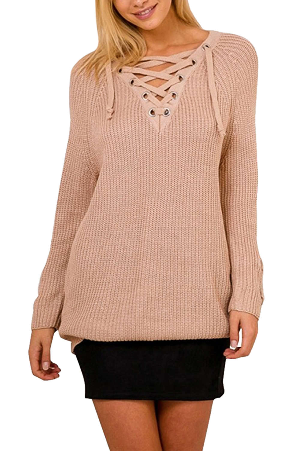 Iyasson Women Lace Up Front V Neck Long Sleeve Knit Sweater Top