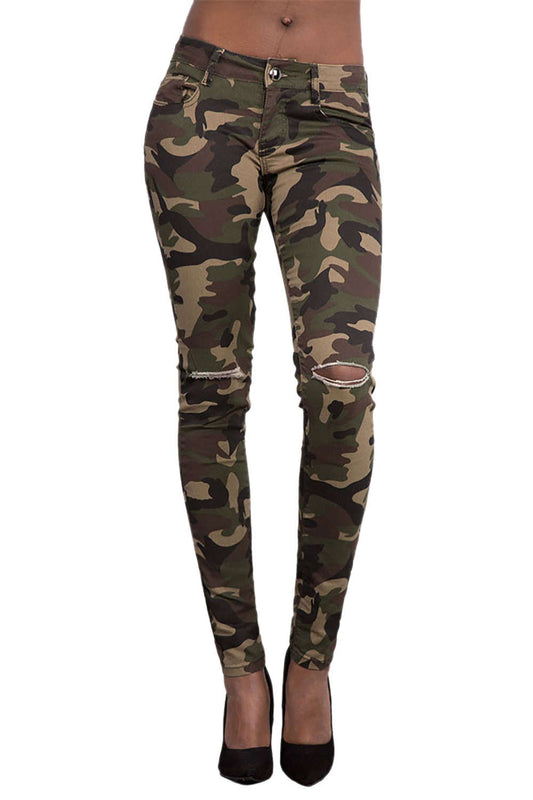 Iyasson Women's Knee Ripped Hole Camouflage Jeans