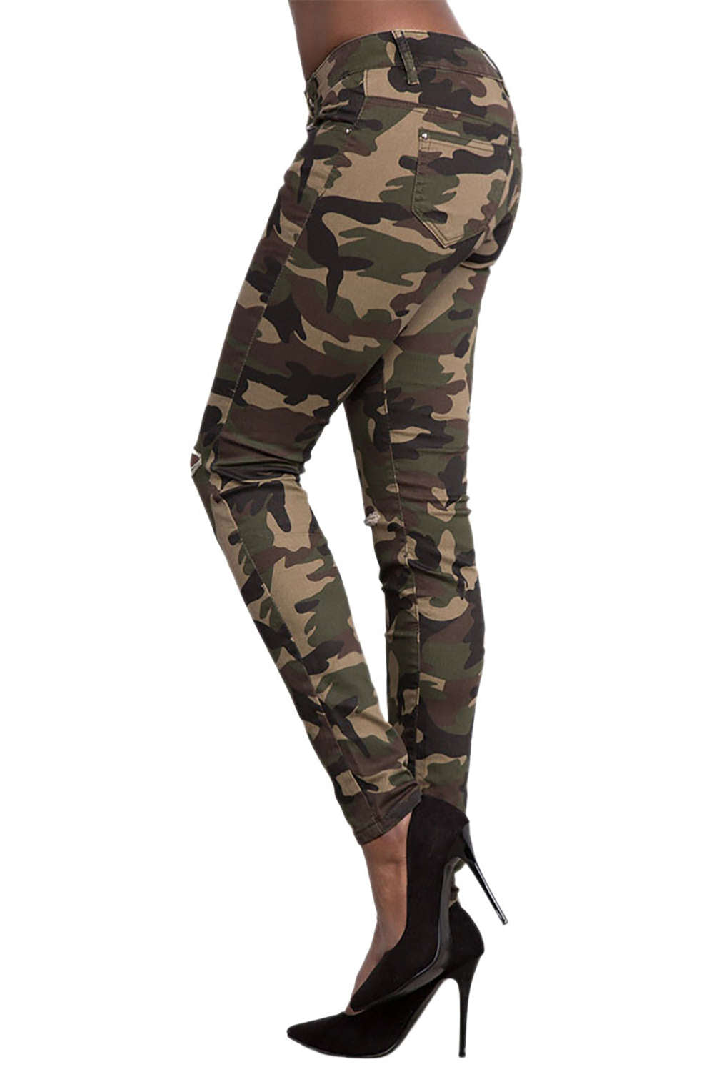 Iyasson Women's Knee Ripped Hole Camouflage Jeans