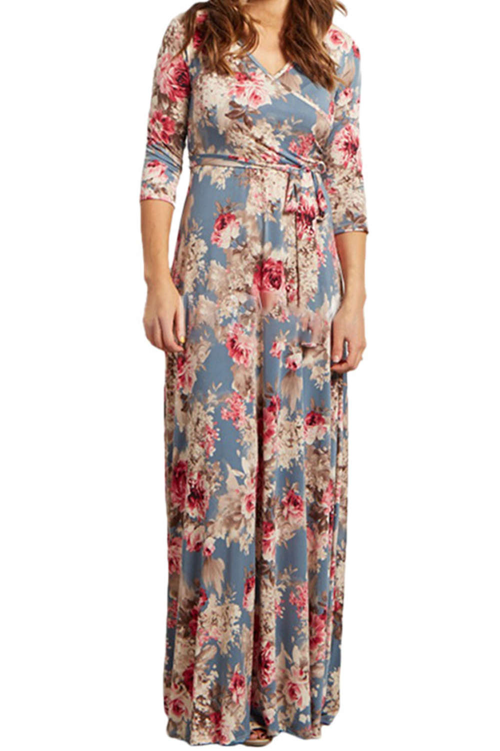 Iyasson Long Sleeve Floral Wrap Maxi Dress