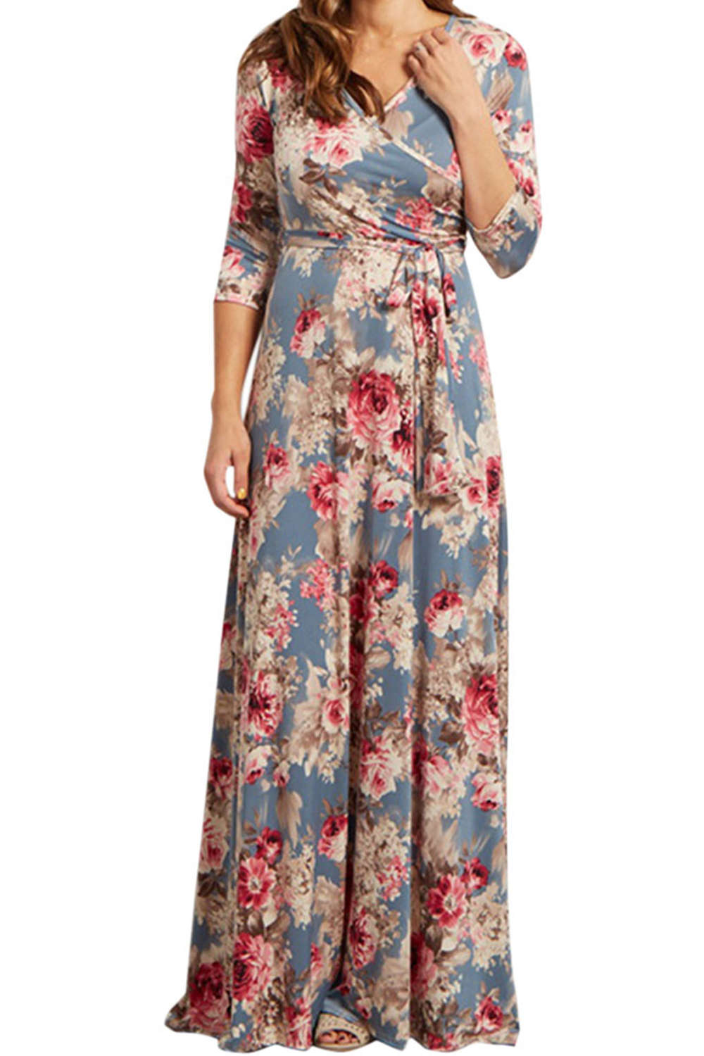 Iyasson Long Sleeve Floral Wrap Maxi Dress