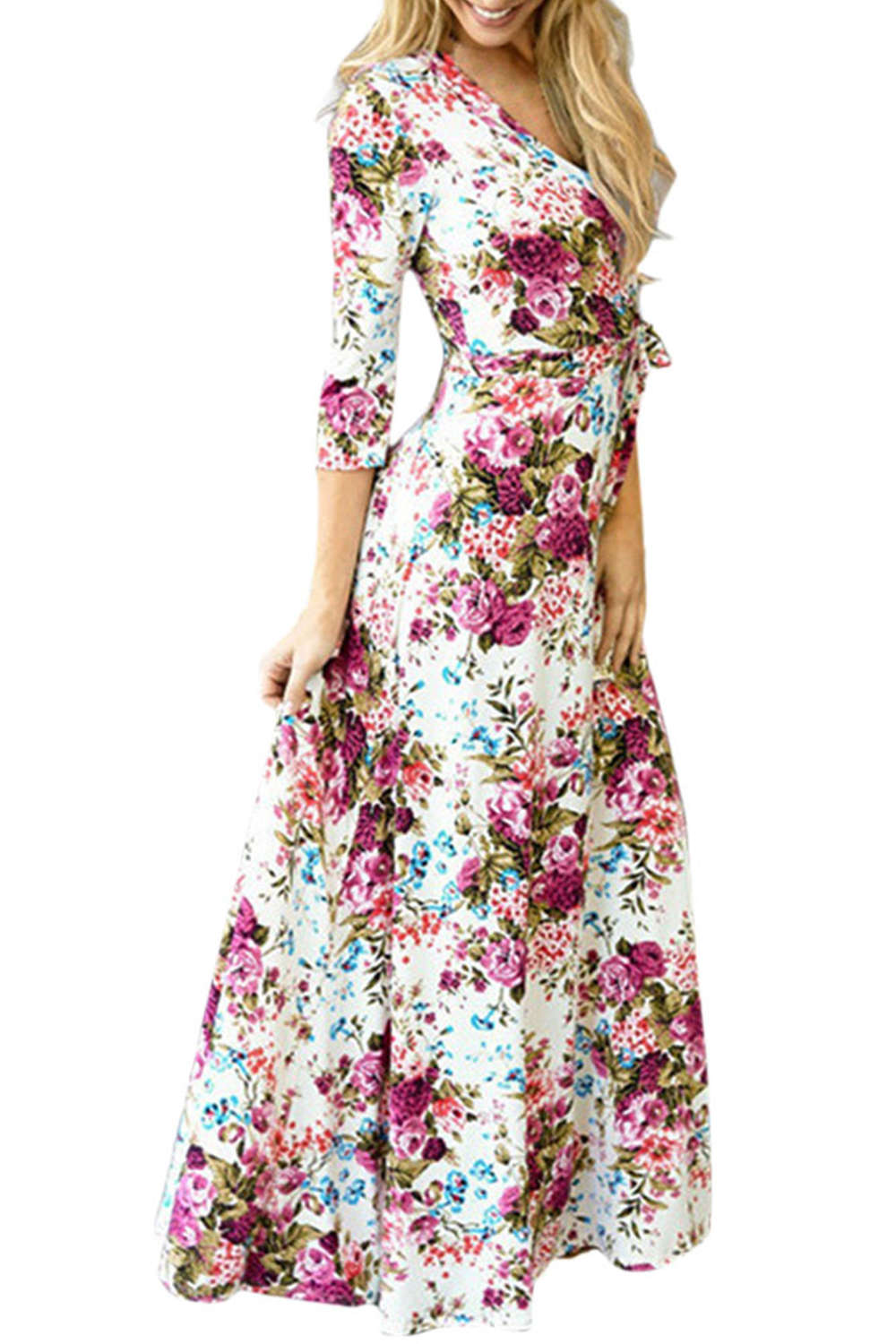 Iyasson Long Sleeve Floral Wrap Maxi Dress