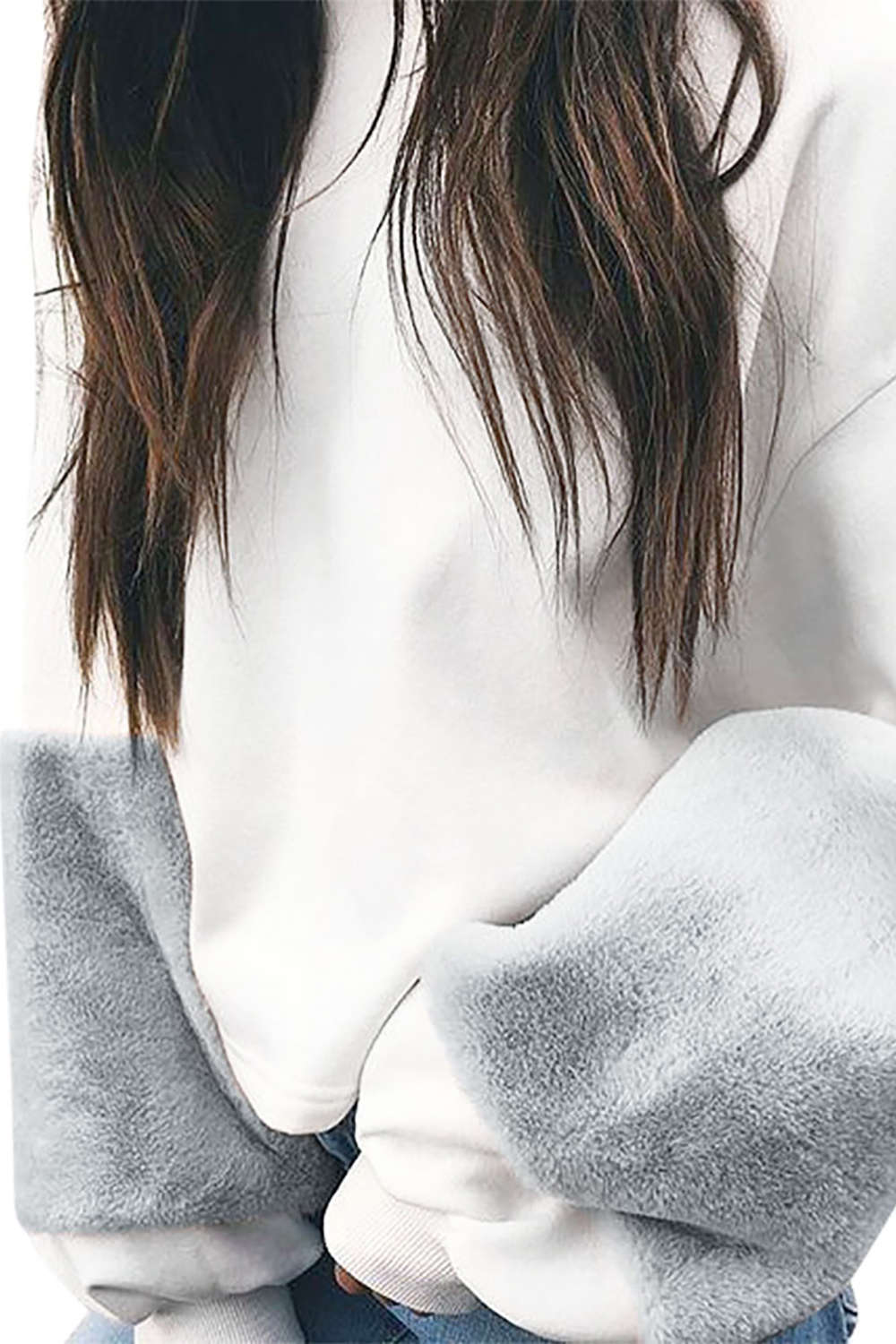 Iyasson Plush Sleeves Patchwork Pullover Sweatshirt