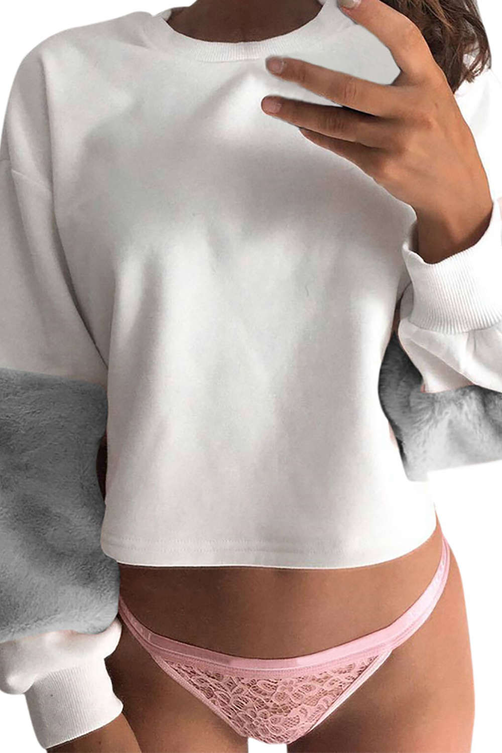 Iyasson Plush Sleeves Patchwork Pullover Sweatshirt