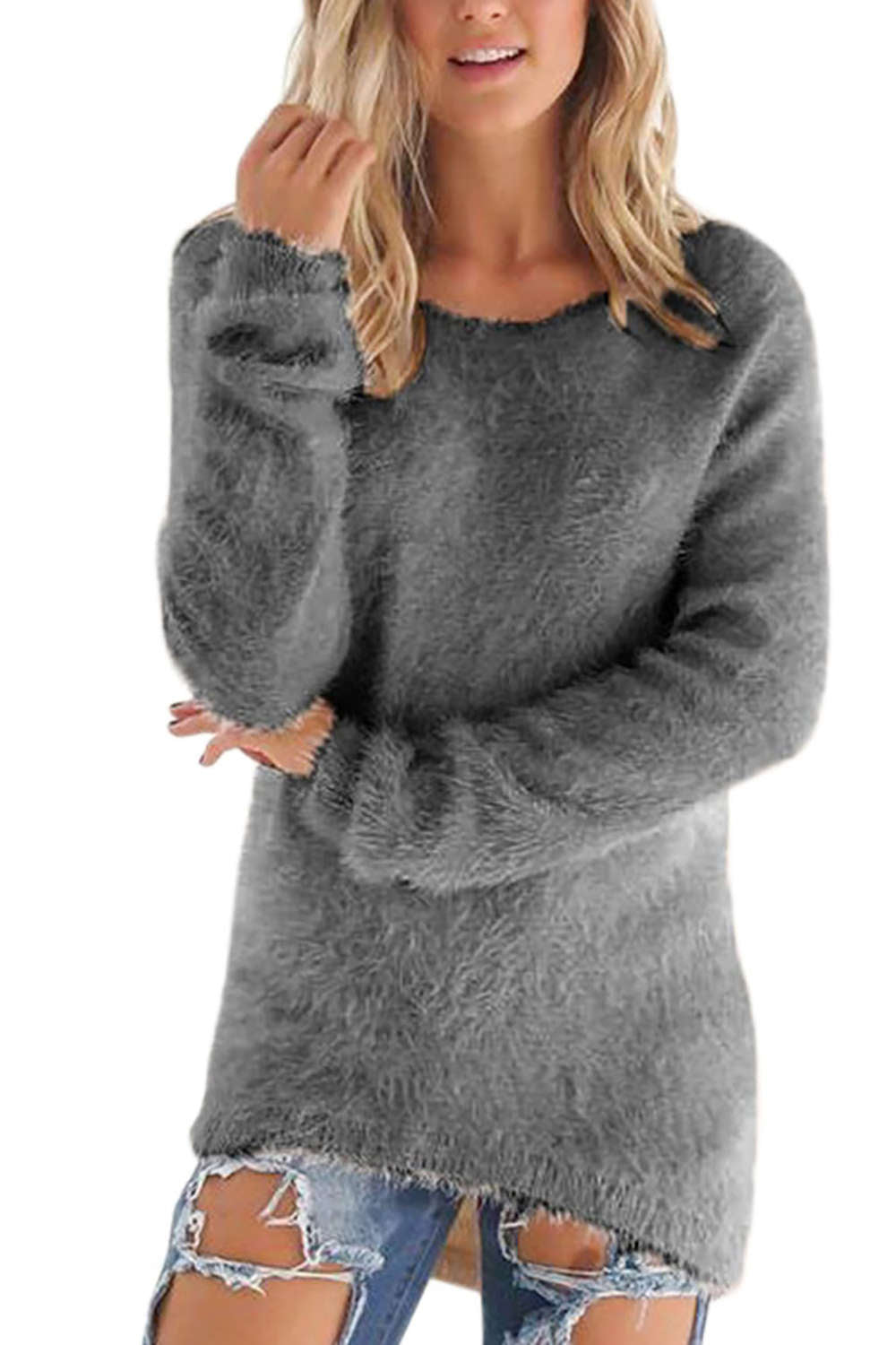 Iyasson Scoop Neck Long Sleeve Fluffy Jumper