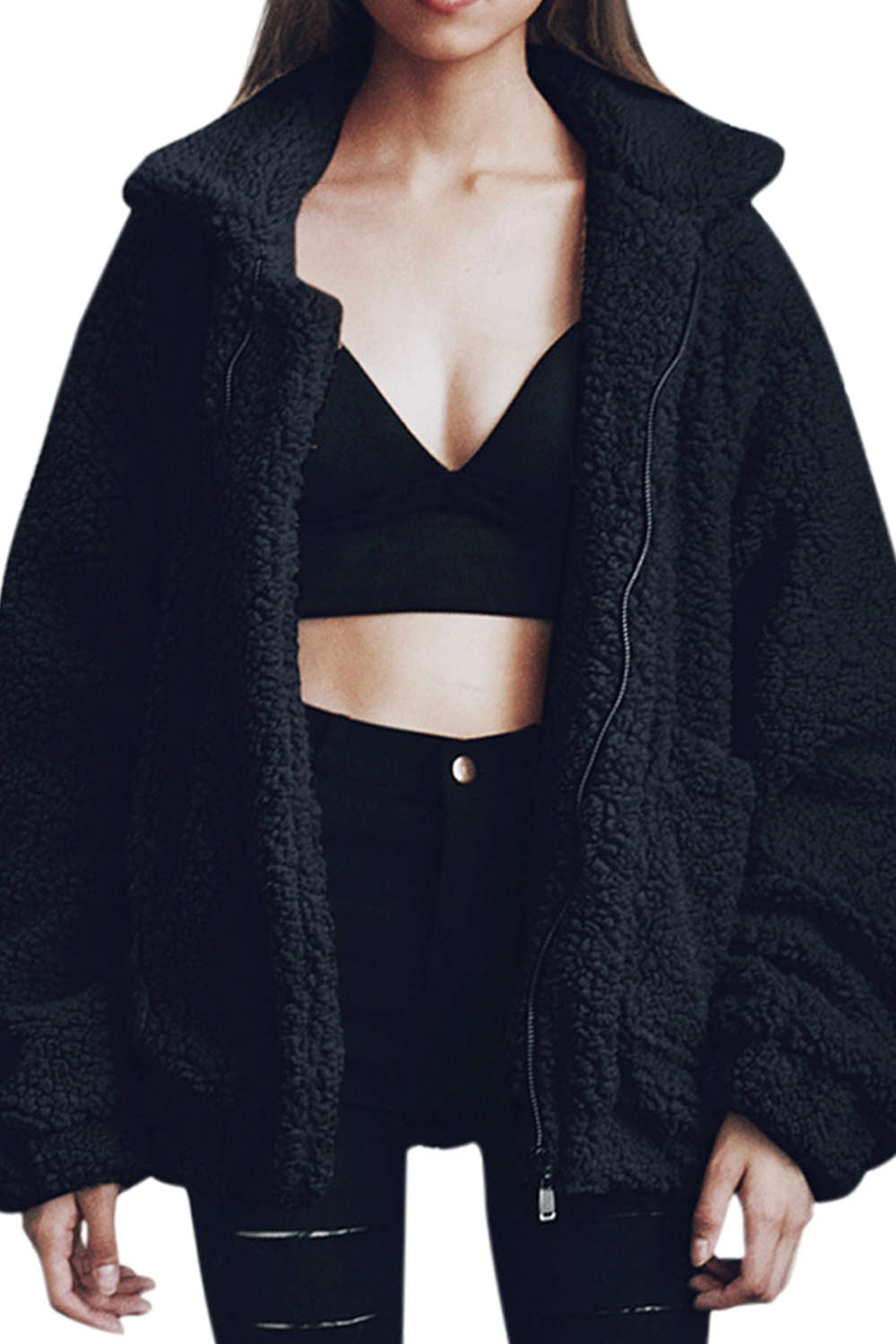 Iyasson Faux Fur Zipper Shaggy Jacket