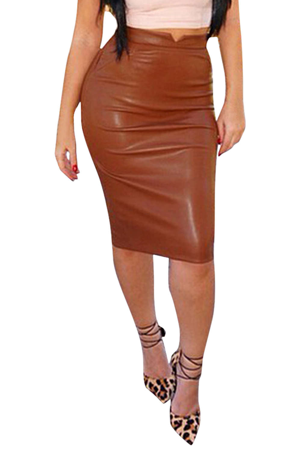 Iyasson Women Midi Pencil Skirt in Leather