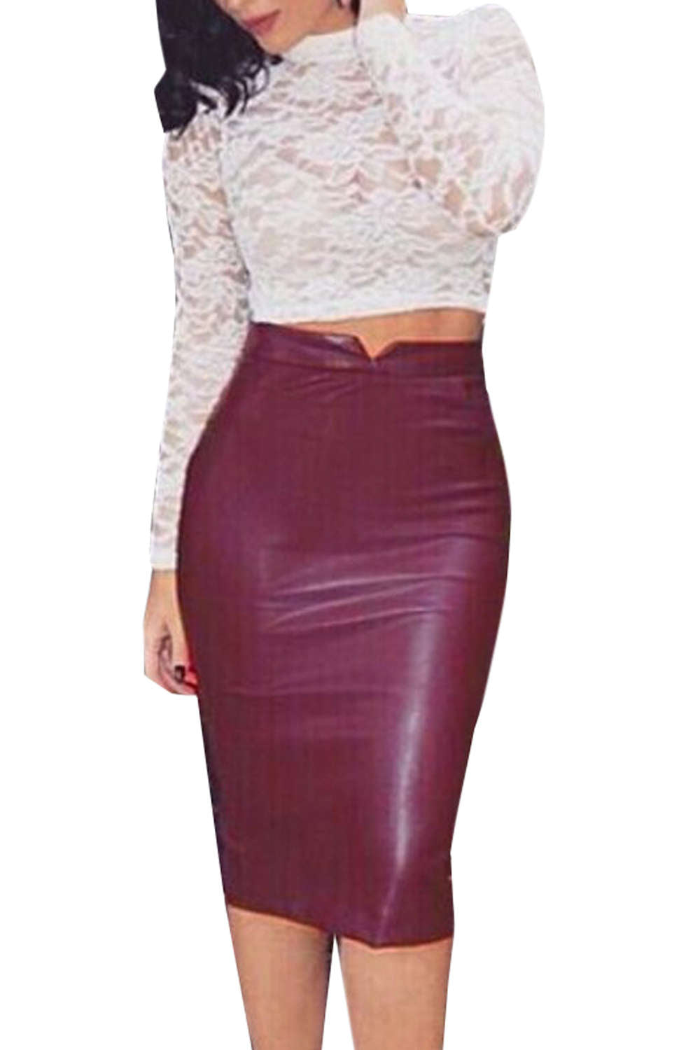 Iyasson Women Midi Pencil Skirt in Leather