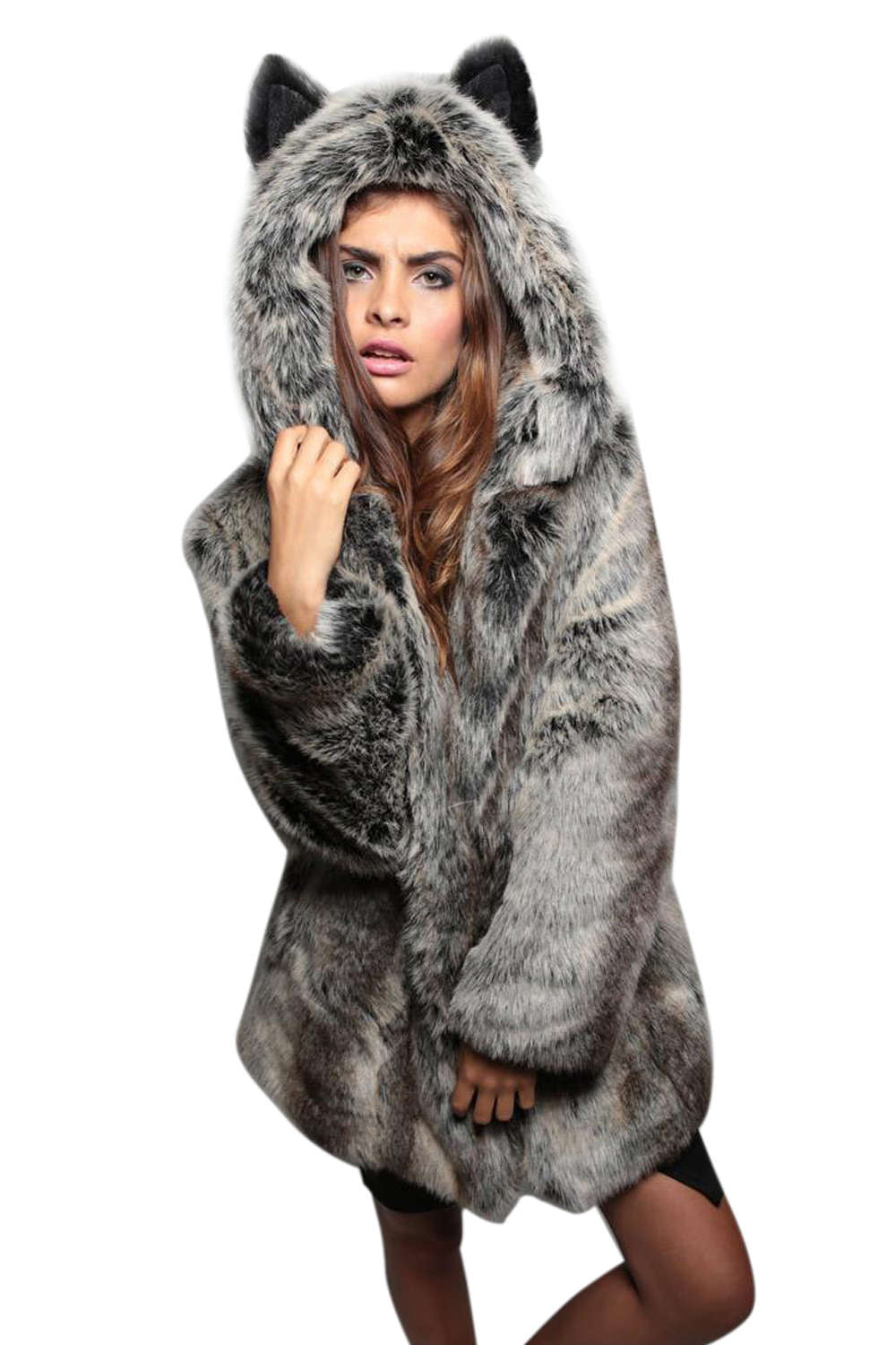 Iyasson Faux Fur Cute Ear Hooded Coat