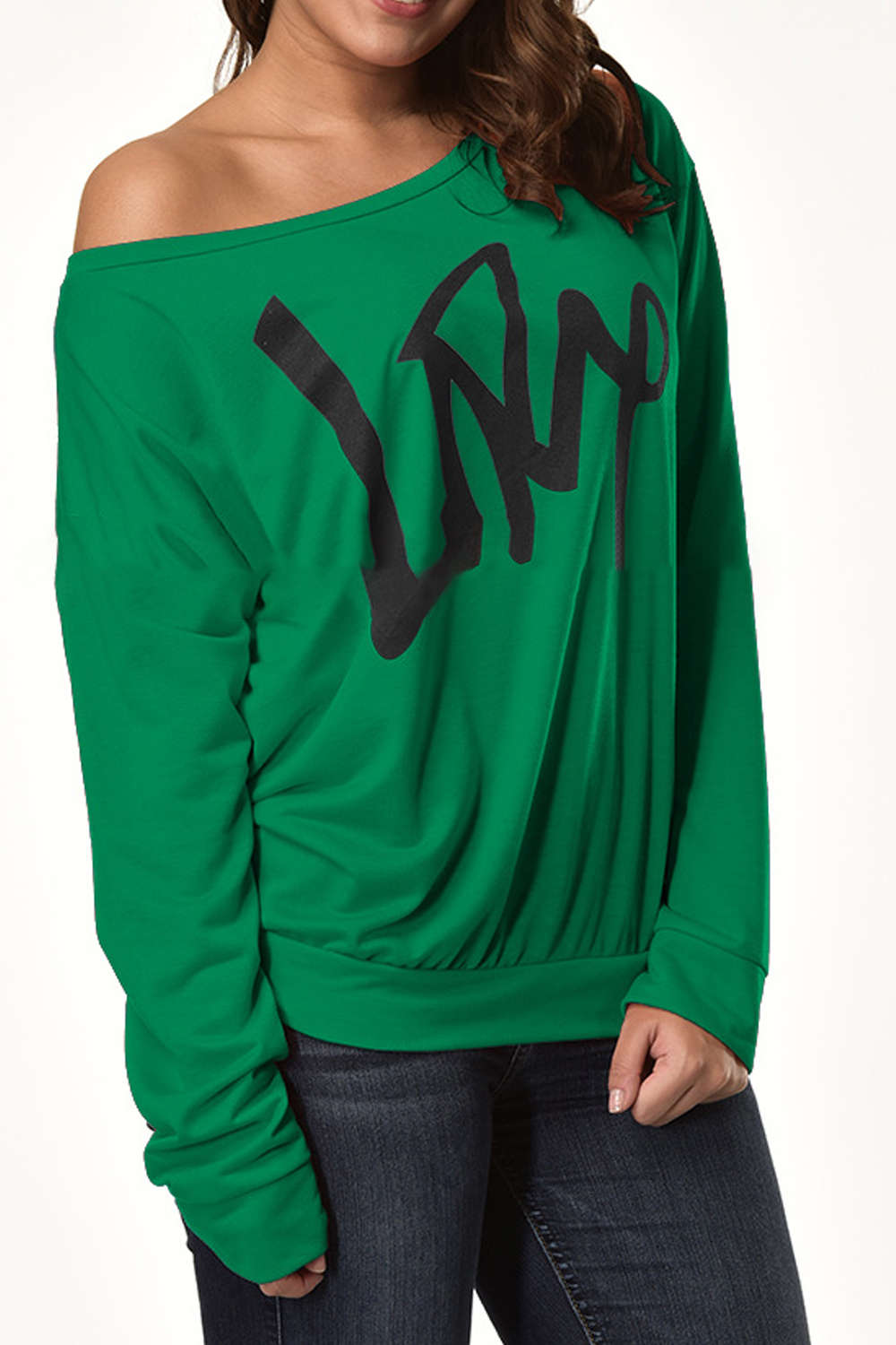 Iyasson Letter Print One Shoulder Pullover Sweatshirt
