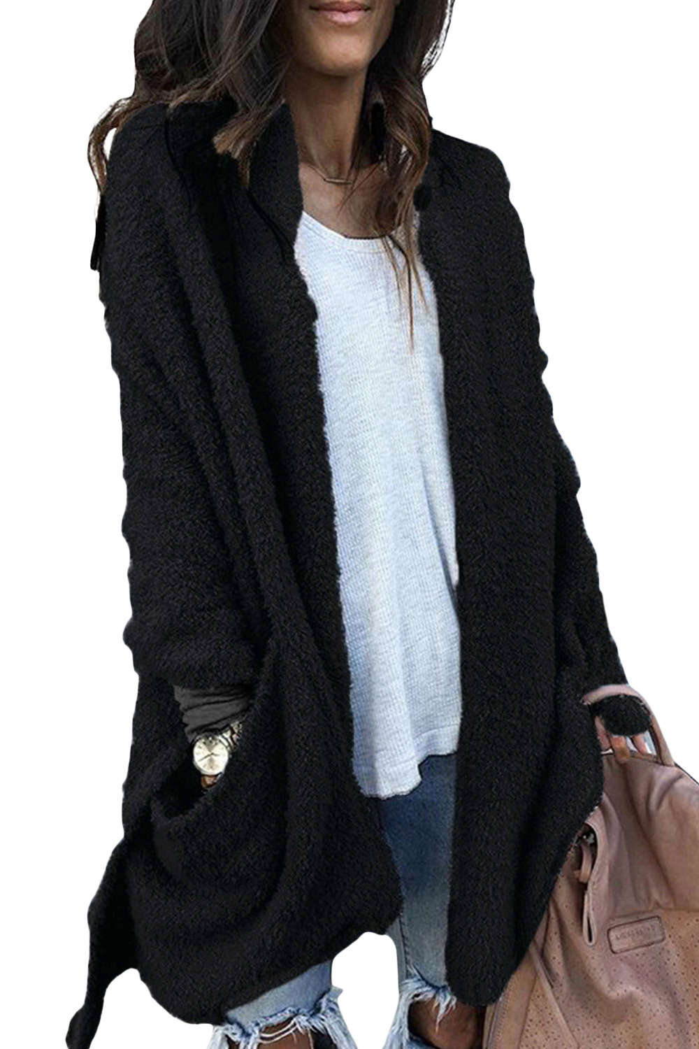 Iyasson Fuzzy Velvet Open Front Coat with Hood