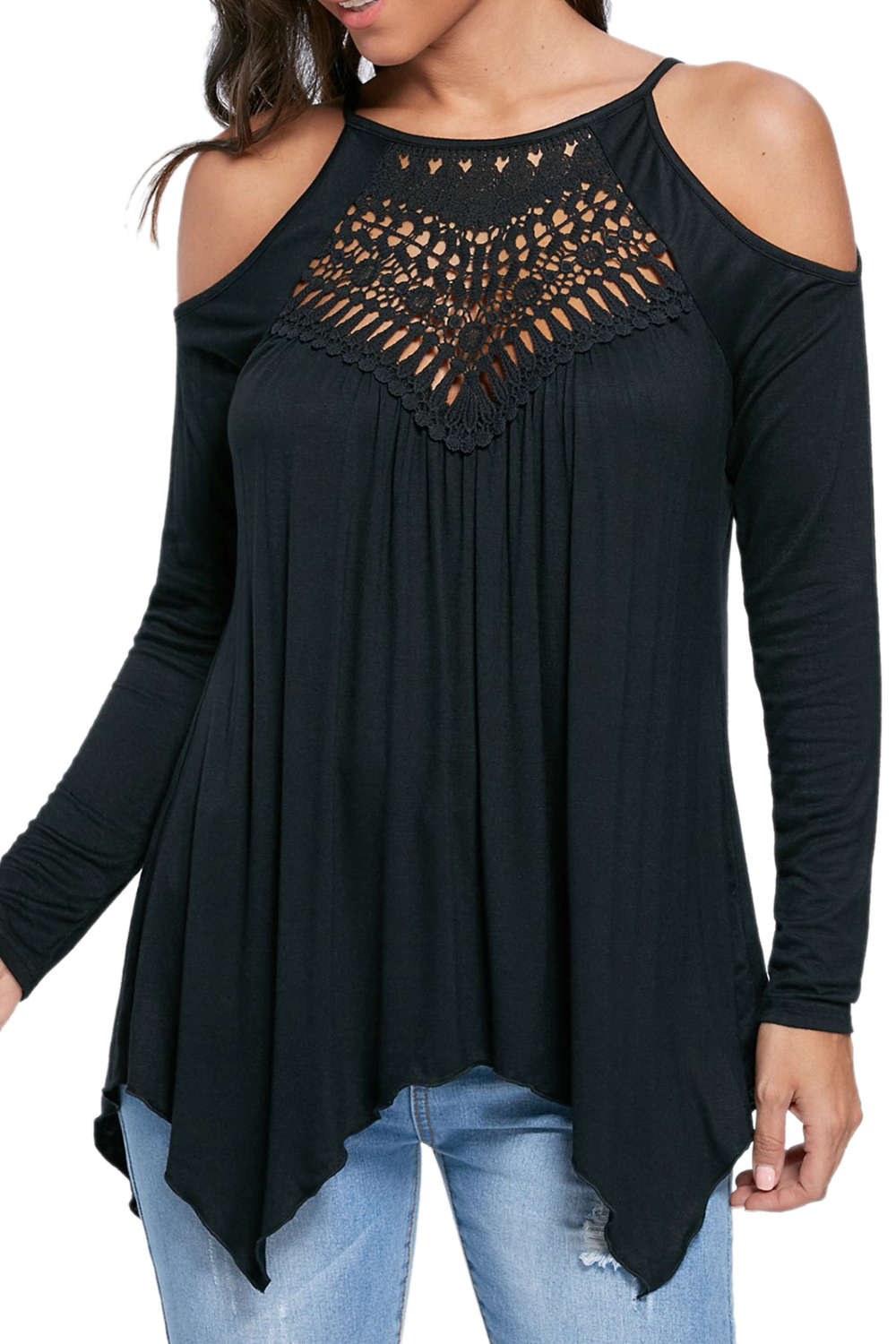 Iyasson Lace Hollow Out Cold Shoulder Blouse