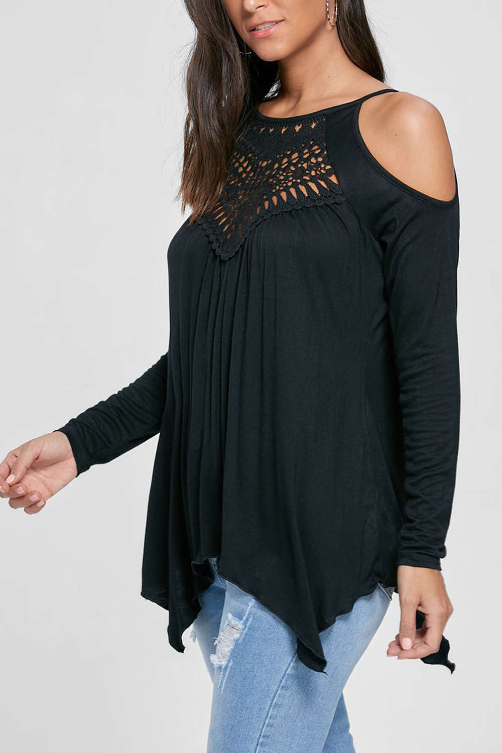 Iyasson Lace Hollow Out Cold Shoulder Blouse