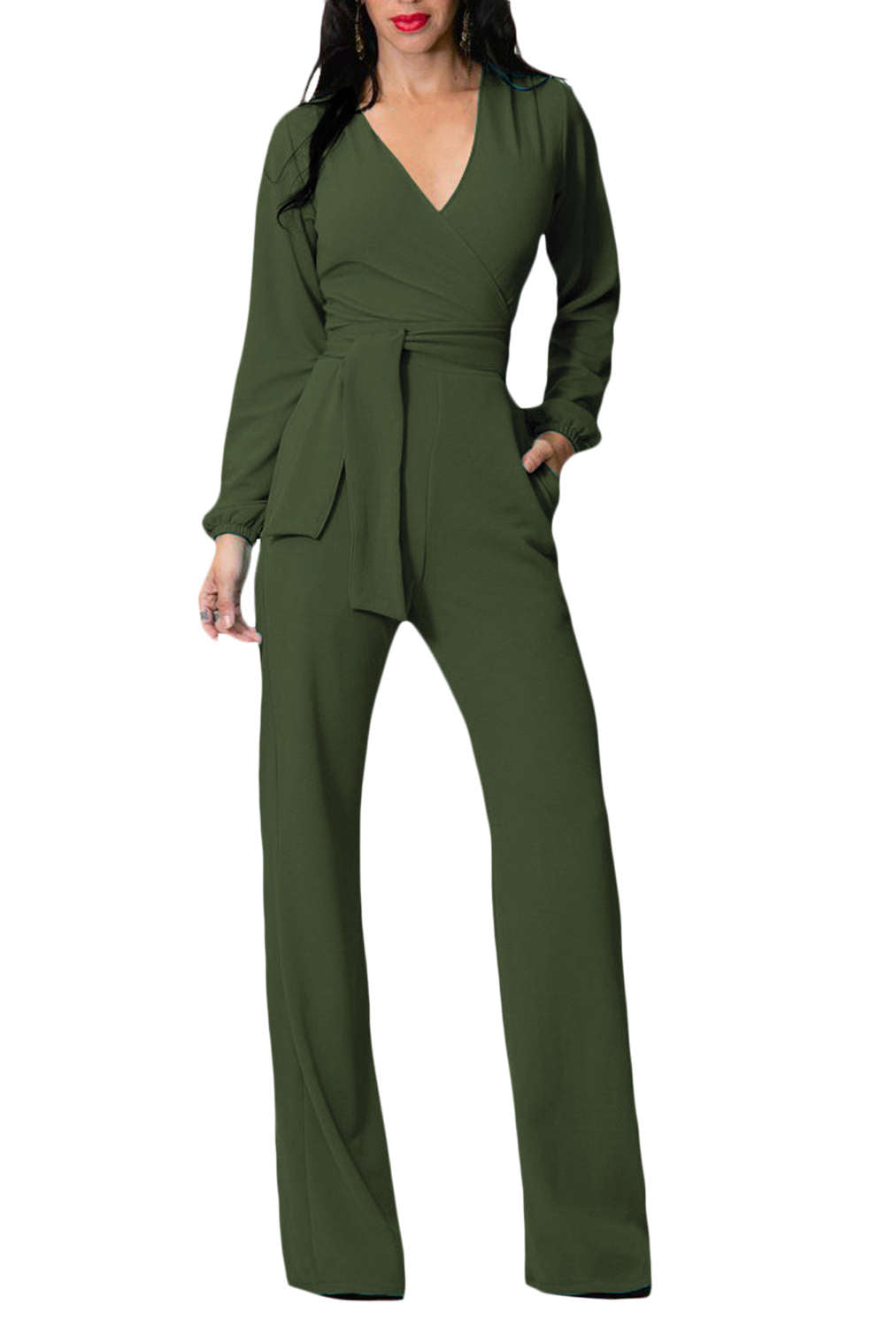 Iyasson Long Sleeve Wide Leg Belted Jumpsuit