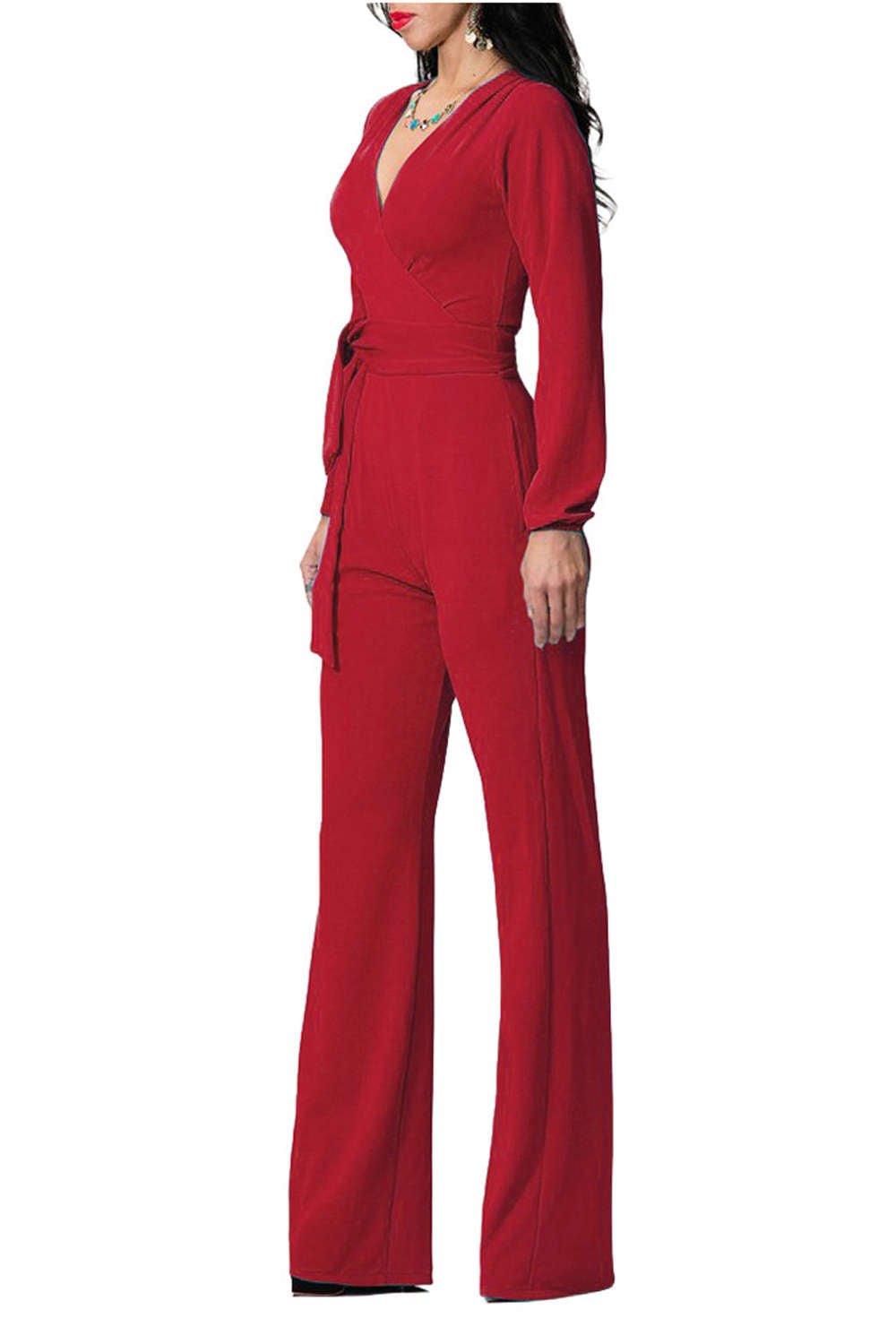 Iyasson Long Sleeve Wide Leg Belted Jumpsuit
