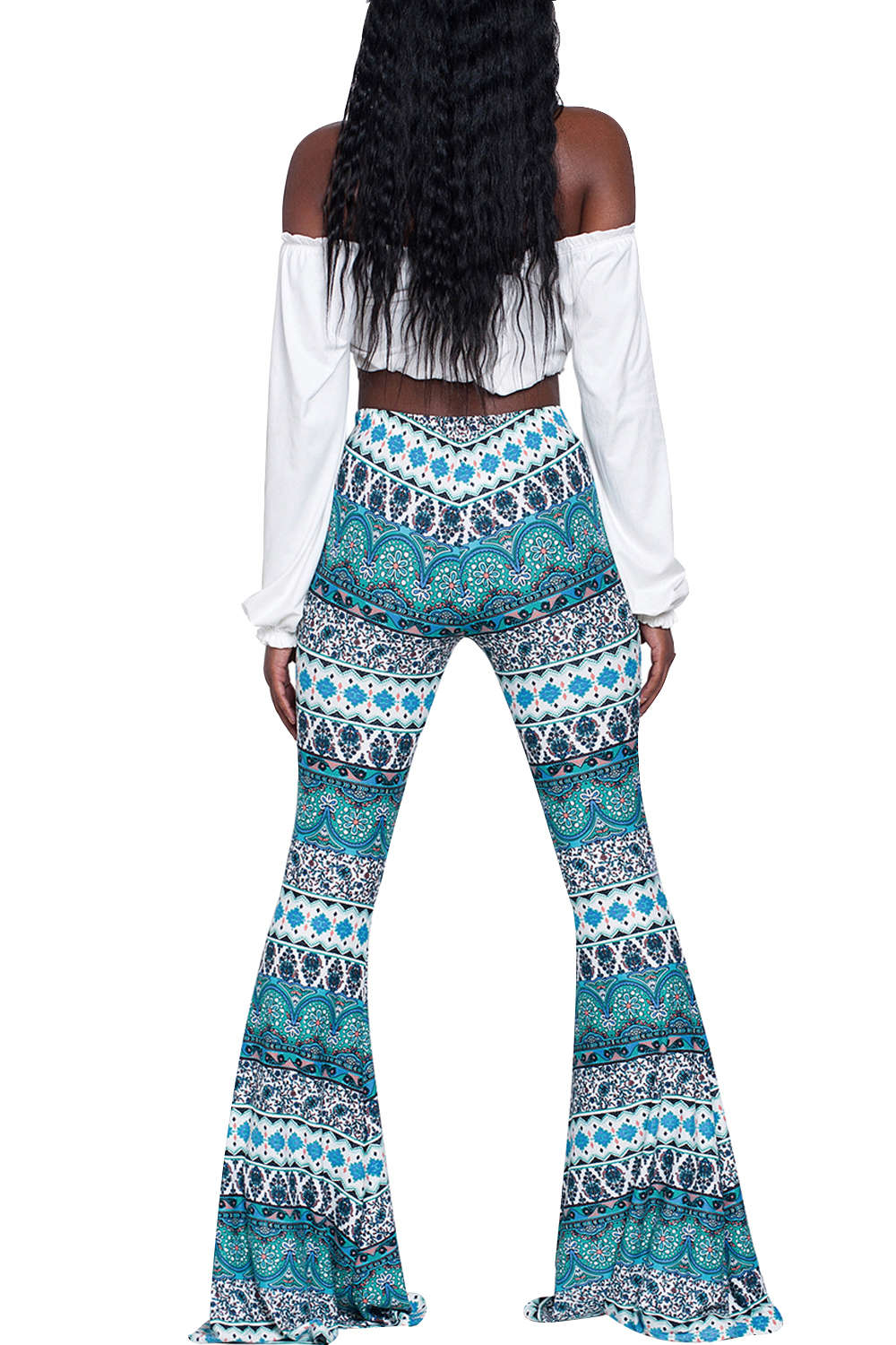 Iyasson Women Casual Print Stretchy Bell Bottom Flare  Skinny Pants High Waist Trousers