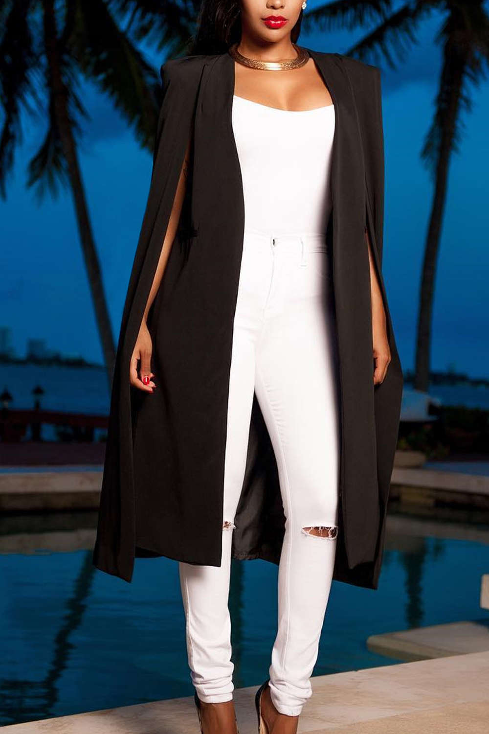 Iyasson Open Front Cape with Pocket Trench Coat