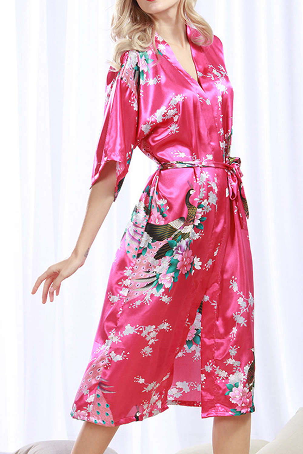 Iyasson Floral Printing Silk Kimono Robe 