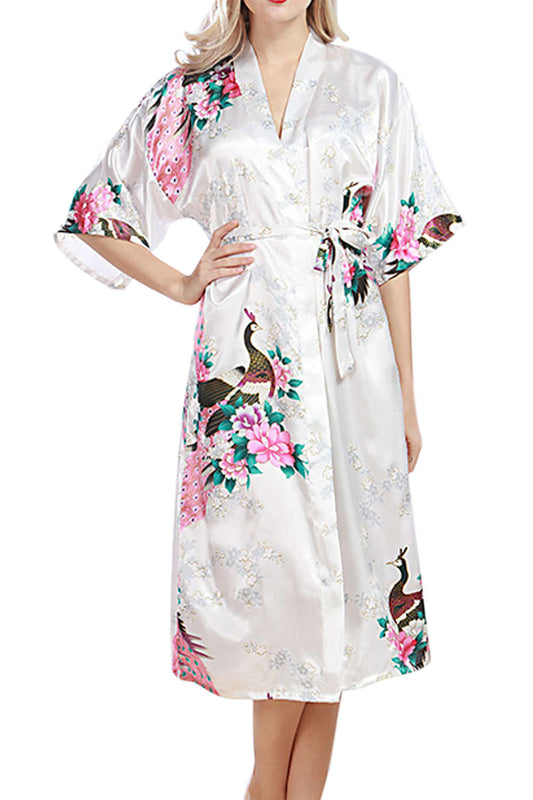 Iyasson Floral Printing Silk Kimono Robe