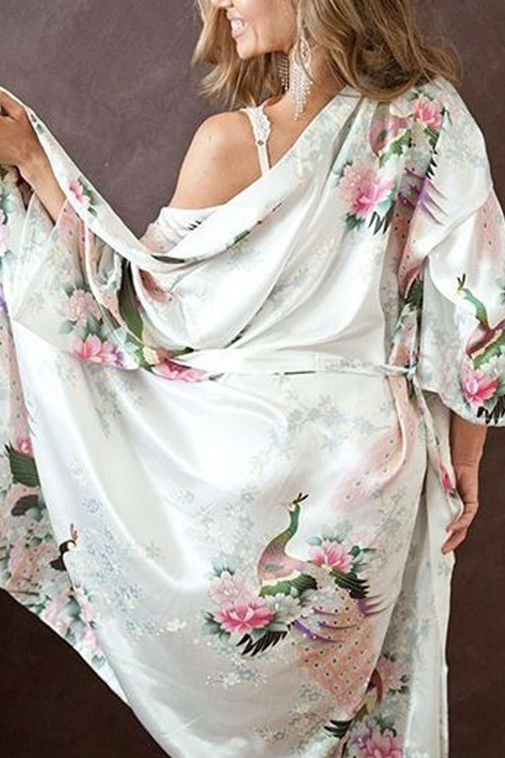 Iyasson Floral Printing Silk Kimono Robe 